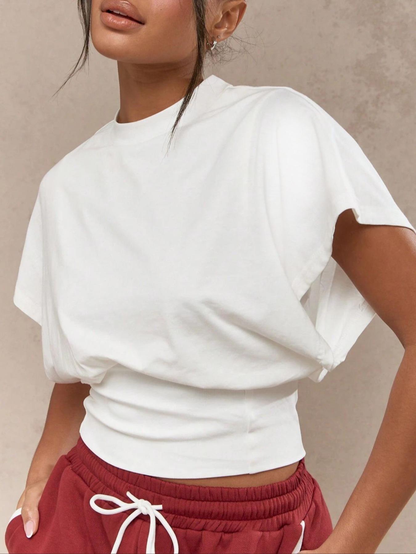 Women's Plain Batwing Sleeve Tee, Casual Fashion Minimalist  Short Sleeve T-shirt for Daily Wear, Ladies Clothes for All Seasons, Top