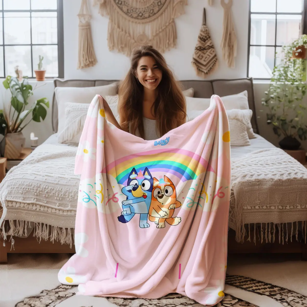 Bluey Rainbow Theme Blanket, Soft Warm Cartoon Dog Throw, Cozy Home Blanket for Kids, Cute Animal Design, Ideal Gift Idea