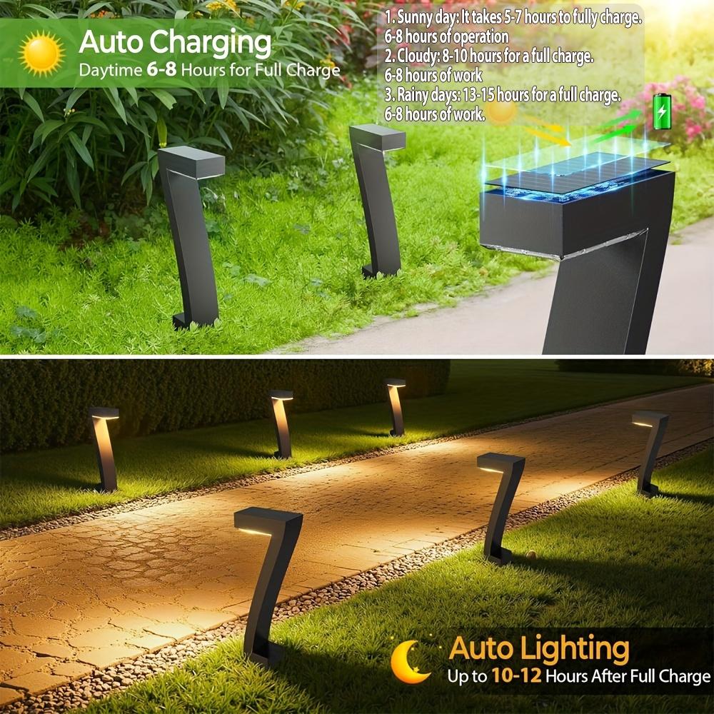 4-pack solar lights for outdoor walkways, upgraded bright LED outdoor solar lights, suitable for outdoor use, IP65 waterproof solar garden lights, suitable for courtyards, driveways, walkways, landscaping, and courtyard decoration.