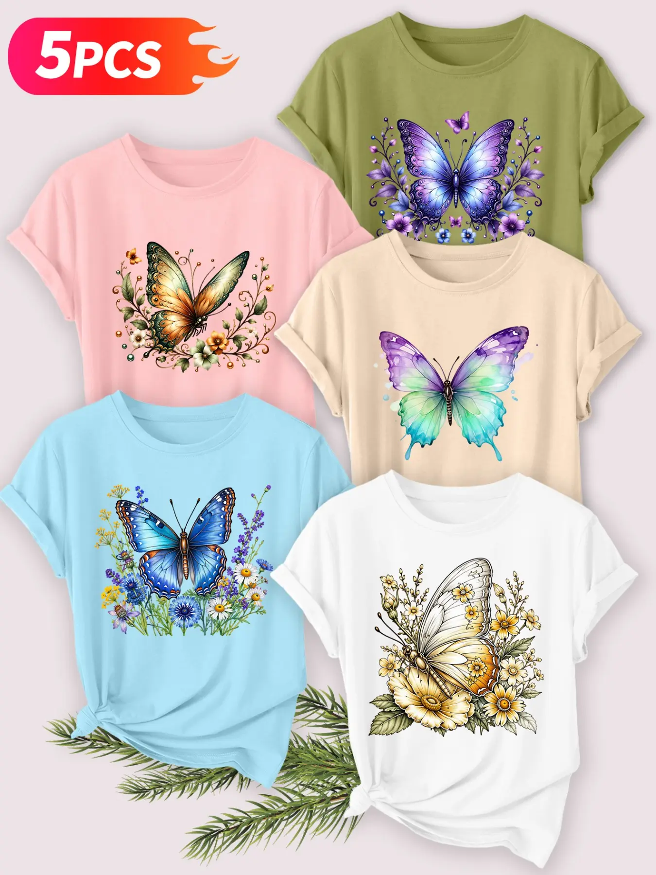 5Pcs Women Tee,Gradient Butterflies&Wildflower Watercolor Prints,multi-color,washable,soft spring&summer casual top