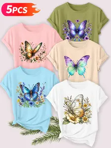 5Pcs Women Tee,Gradient Butterflies&Wildflower Watercolor Prints,multi-color,washable,soft spring&summer casual top