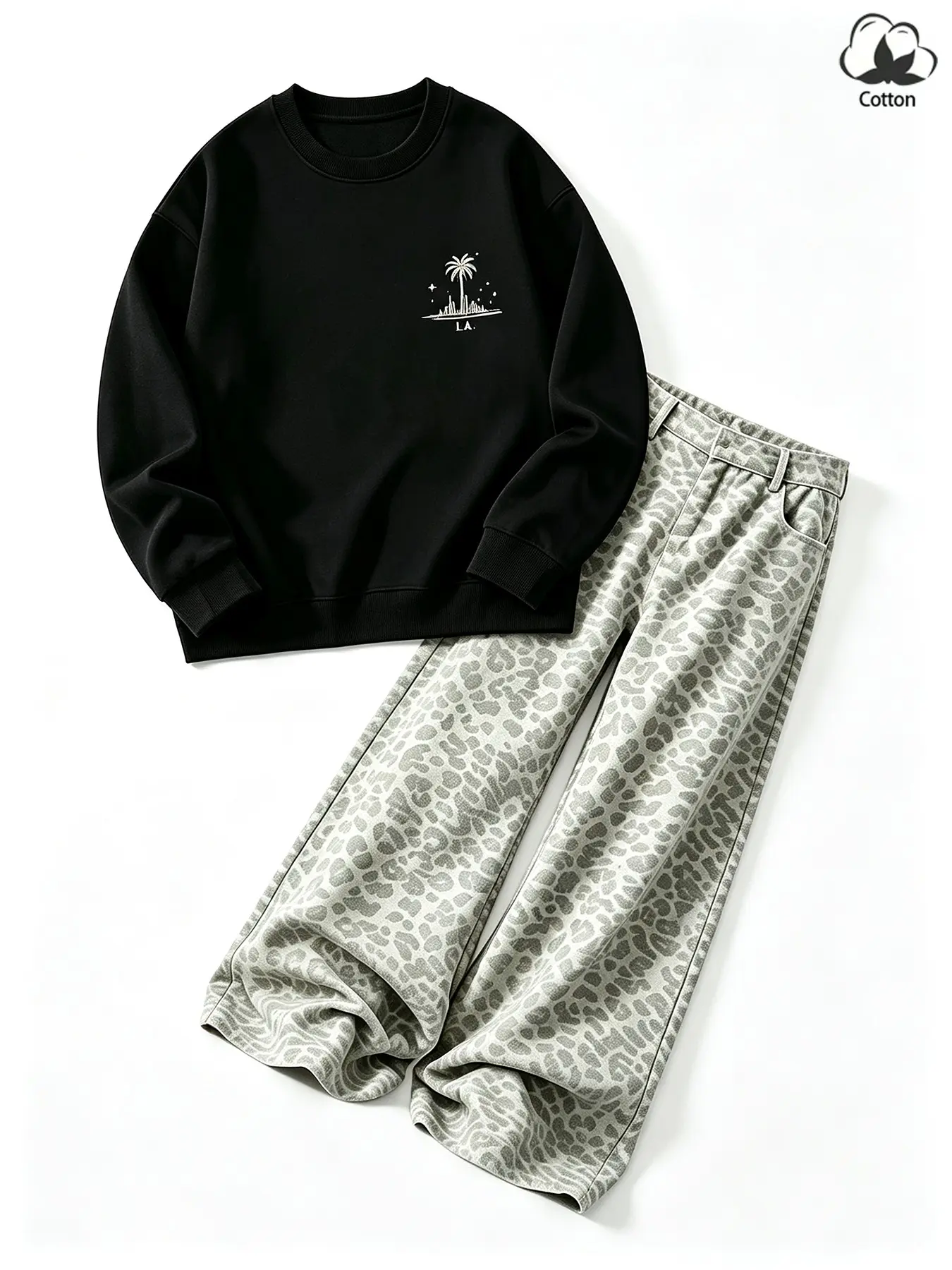 Unisex Black LA Palm Mini Logo Crewneck Sweatshirt + Light Gray Leopard Wide Leg Pants Set American Streetwear Casual 2 Piece Outfit