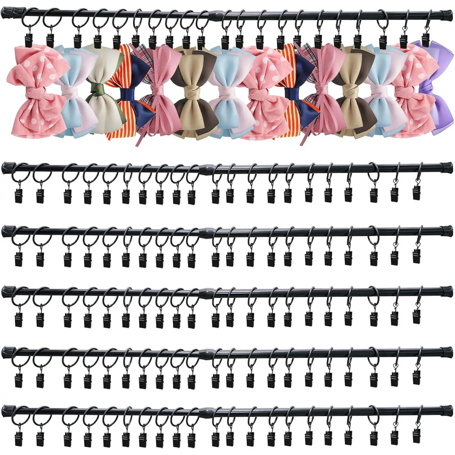 Girls' Hangable Wall Bow Holder & Headband Storage Organizer (5-Count Set) - 5 Black Adjustable Rods, 120 Metal Bow Hooks, 15 Wall Hooks for Closet, Modern Birthday Party Decor