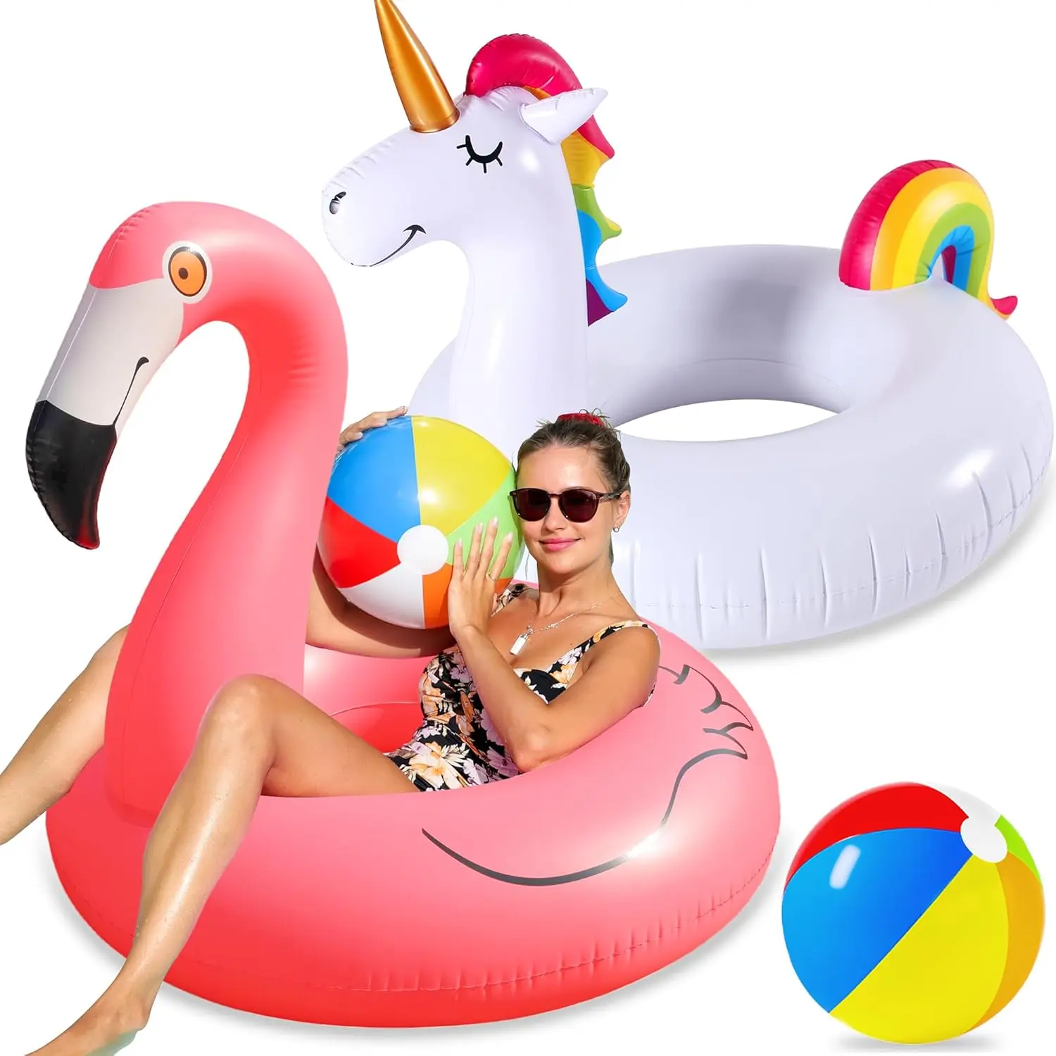 2 Pack Pool Floats with 2Pcs Beach Balls, 46'' Flamingo Pool Float 57'' Large Unicorn Pool Floaties for Adult, Heavy Duty Inflatable Swimming Rings Pool Accessories for Pool Water Party