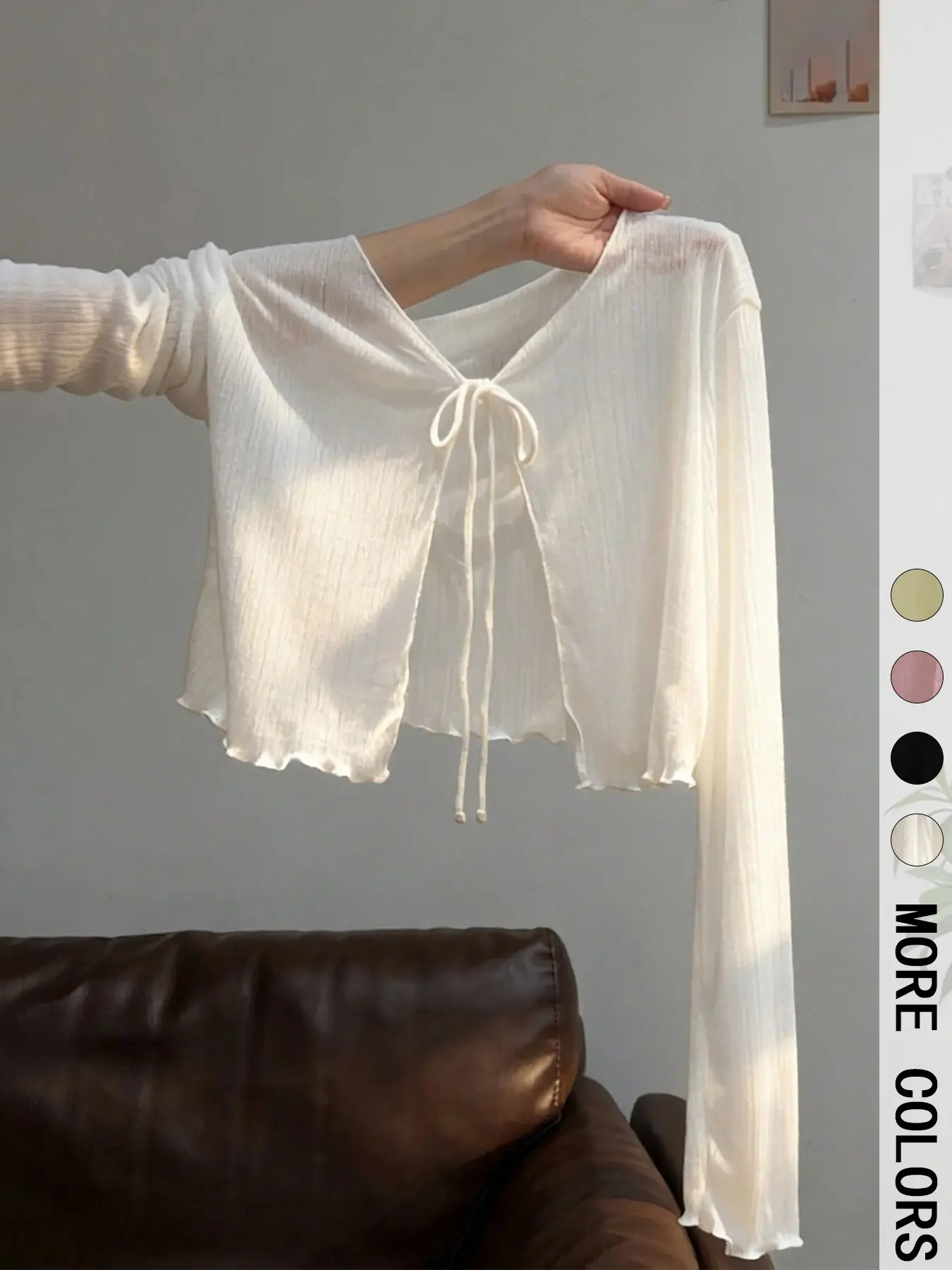 1 Piece Lightweight Sheer Breathable Tie-Front Shrug Top Women's Long Sleeve Cropped Sun Protection Cover Up
