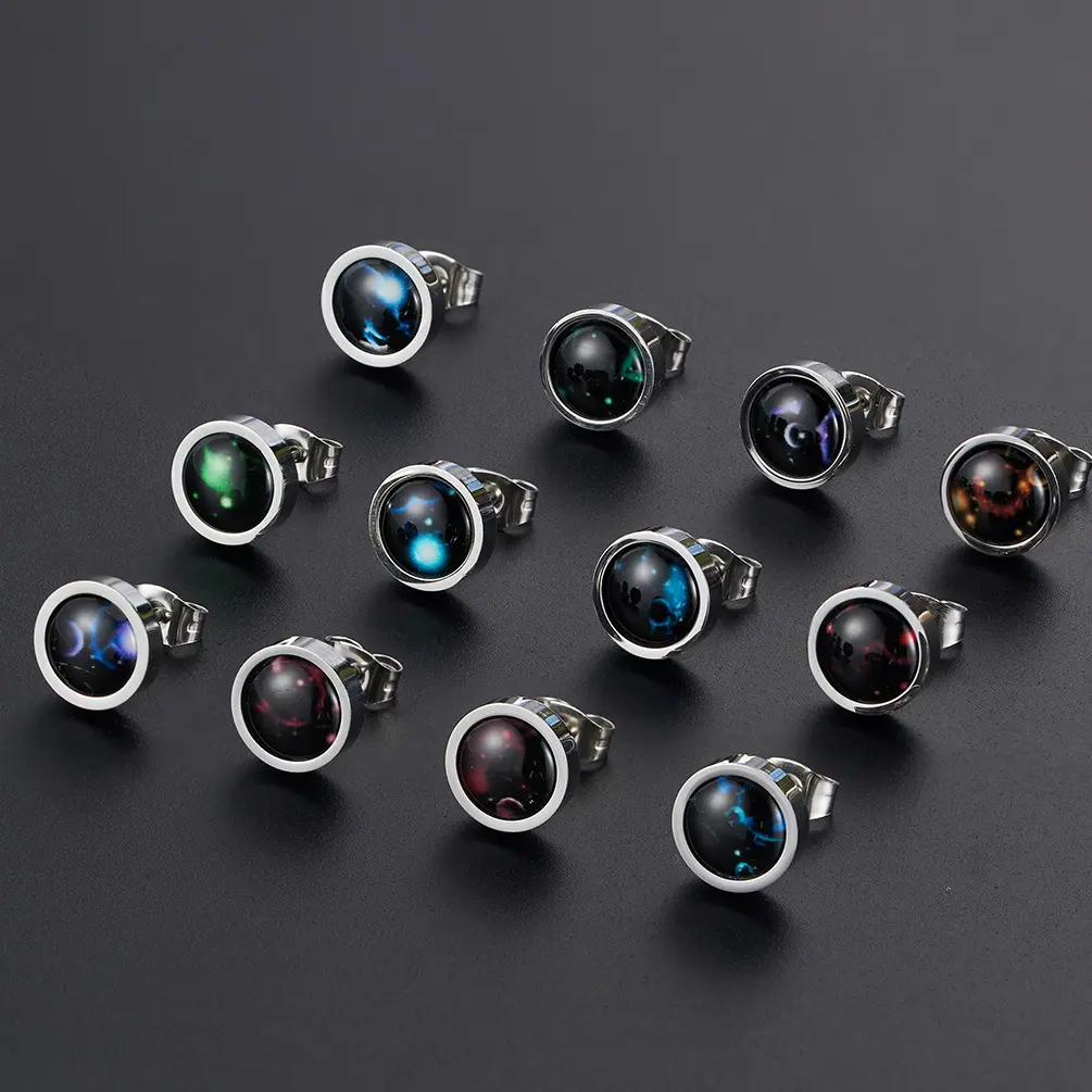 Starry Night Zodiac Glow in the Dark Earrings for Men – Titanium Steel Stud Clip-On Ear Cuffs, Unique Constellation Astrology Jewelry, Aries, Cancer, Constellations, Zodiac Signs, Astro-Themed, Casual Wear