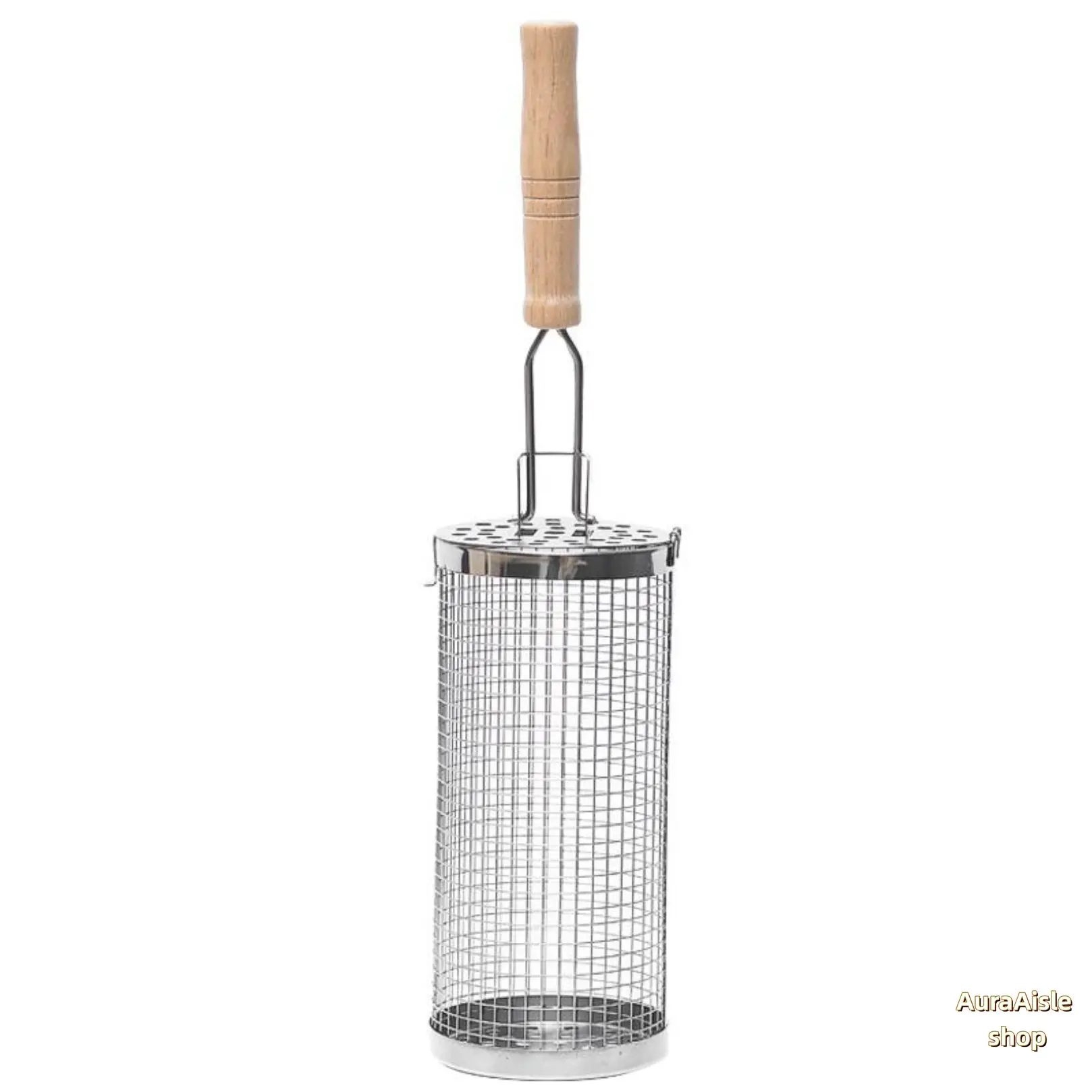 304 Stainless Steel Rolling Cage BBQ Mesh Basket - Durable Heavy-Duty Compact Utensil with Removable Wooden Handle, Nesting Structure for Backyard Use, Practical Outdoor Cooking (Vegetables, Shrimp, Camping Gift)