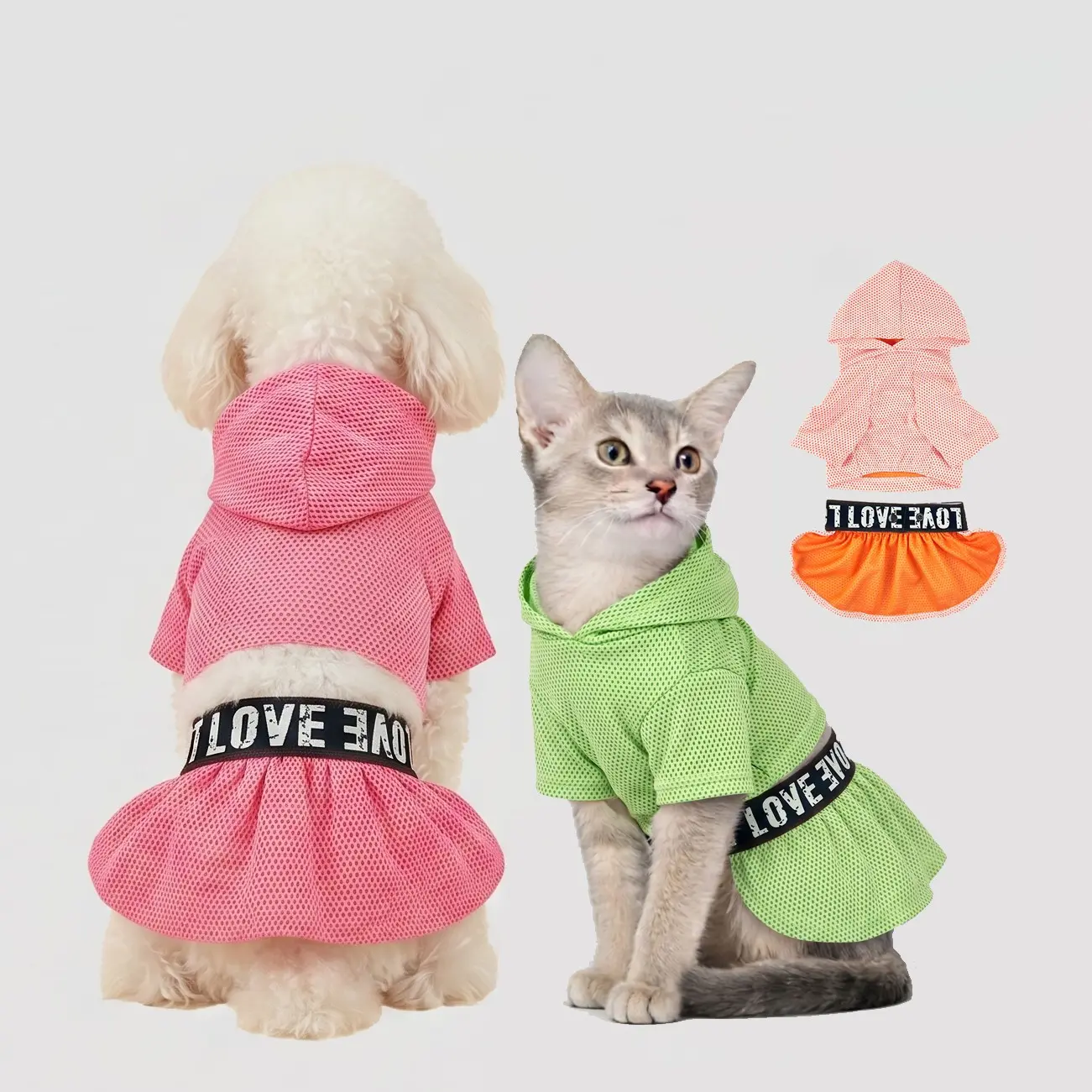 pink/green/hot pink breathable mesh pet top and skirt two-piece set, featuring a hooded top and a "LOVE" ribbon skirt. Ventilated pet clothing for small/medium dogs, Poodle, perfect for summer cool and casual wear Puppy Clothes