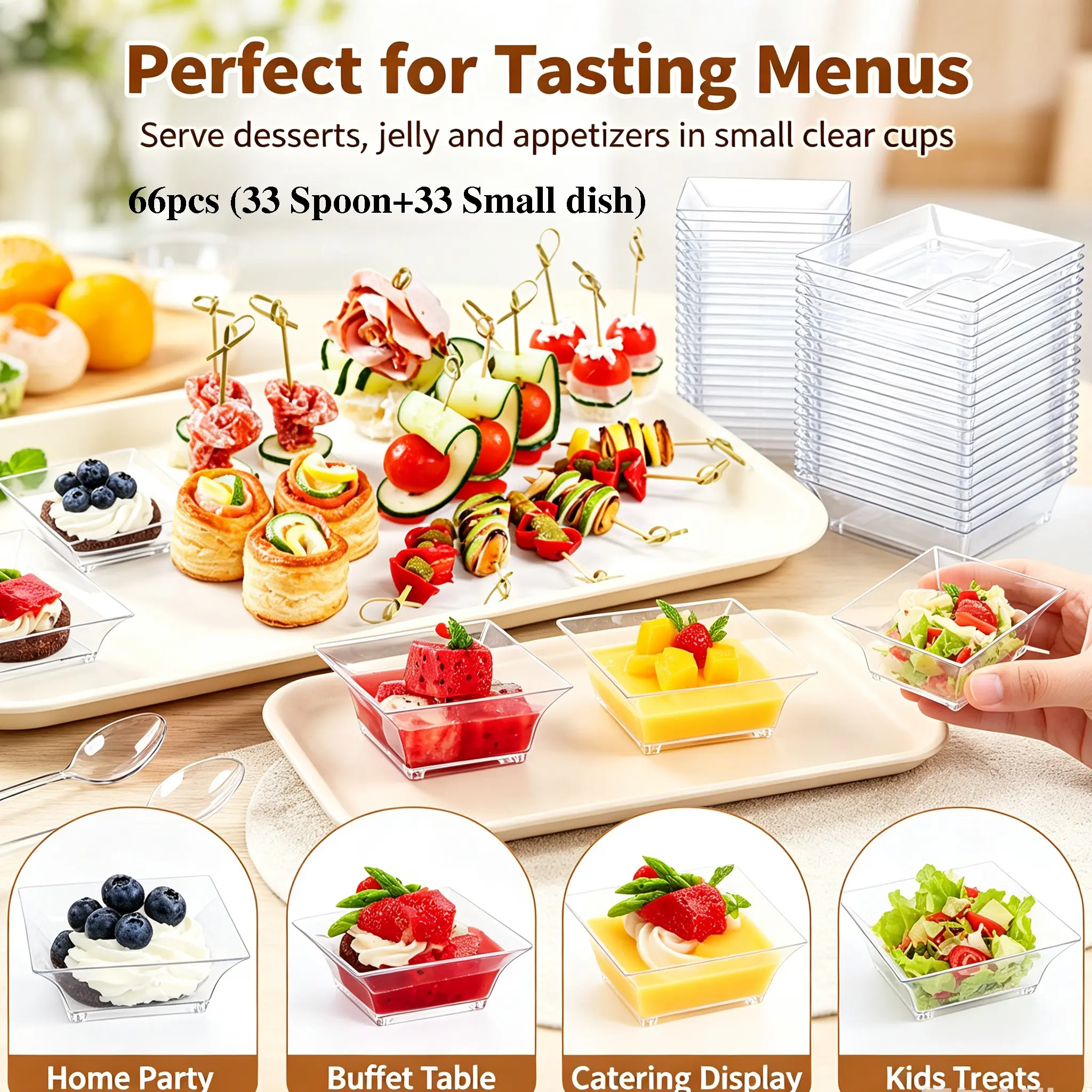 66pcs Disposable Ps Plastic Spoons and Small Dishes, Thickened Transparent Snack Plates, Durable Sweet Dip Containers