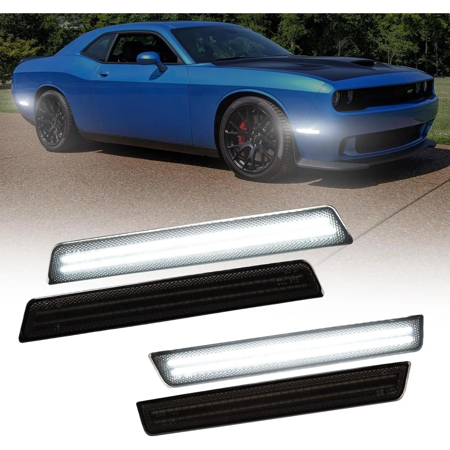 White LED Side Marker Lights Compatible With Dodge Challenger 2015-2023, Front & Rear Bumper Marker Lamps, Corner Parking Lamp & Smoked Len, Pack of 4