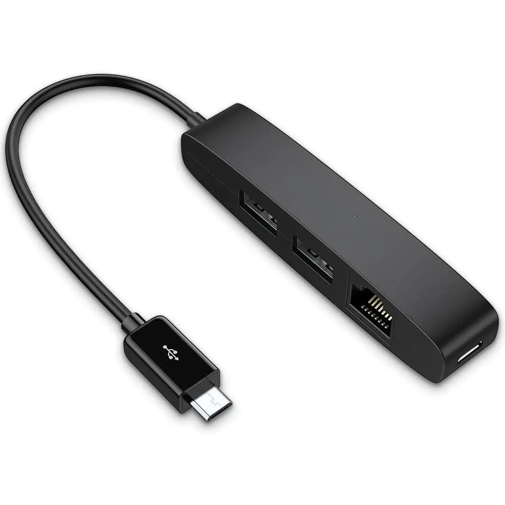 3-in-1  USB Ethernet Adapter, OTG Hub with 2 USB Ports and 1 RJ45 Port for Fire TV Stick, Raspberry Pi Zero,  Chromecast Ultra, and TiVo Stream 4K - Black
