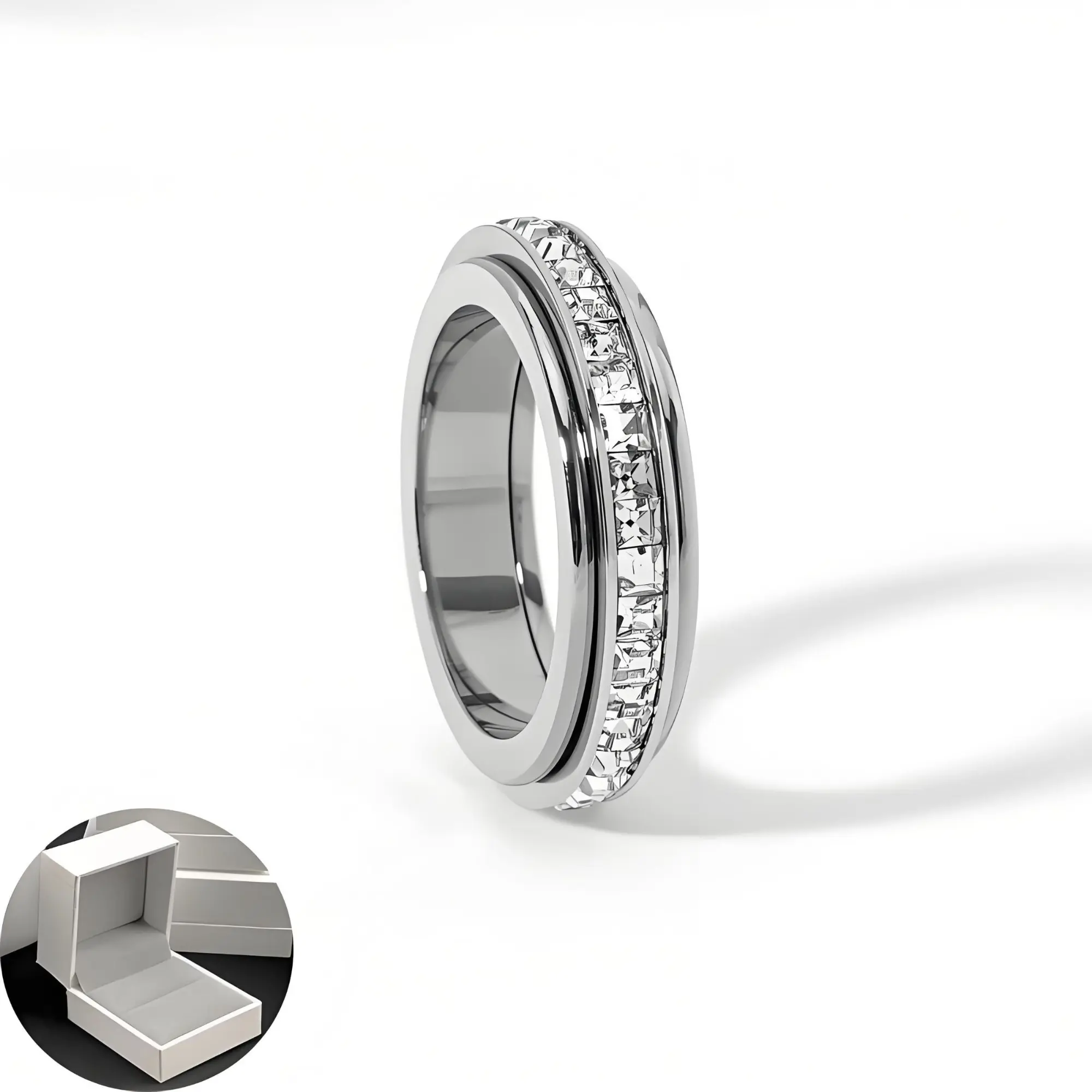 Holiday Anxiety Relief Ring, Unisex Titanium Steel Rotating Stress Relief Band, Cubic Zirconia, Comfort Fit, Sizes 5-12