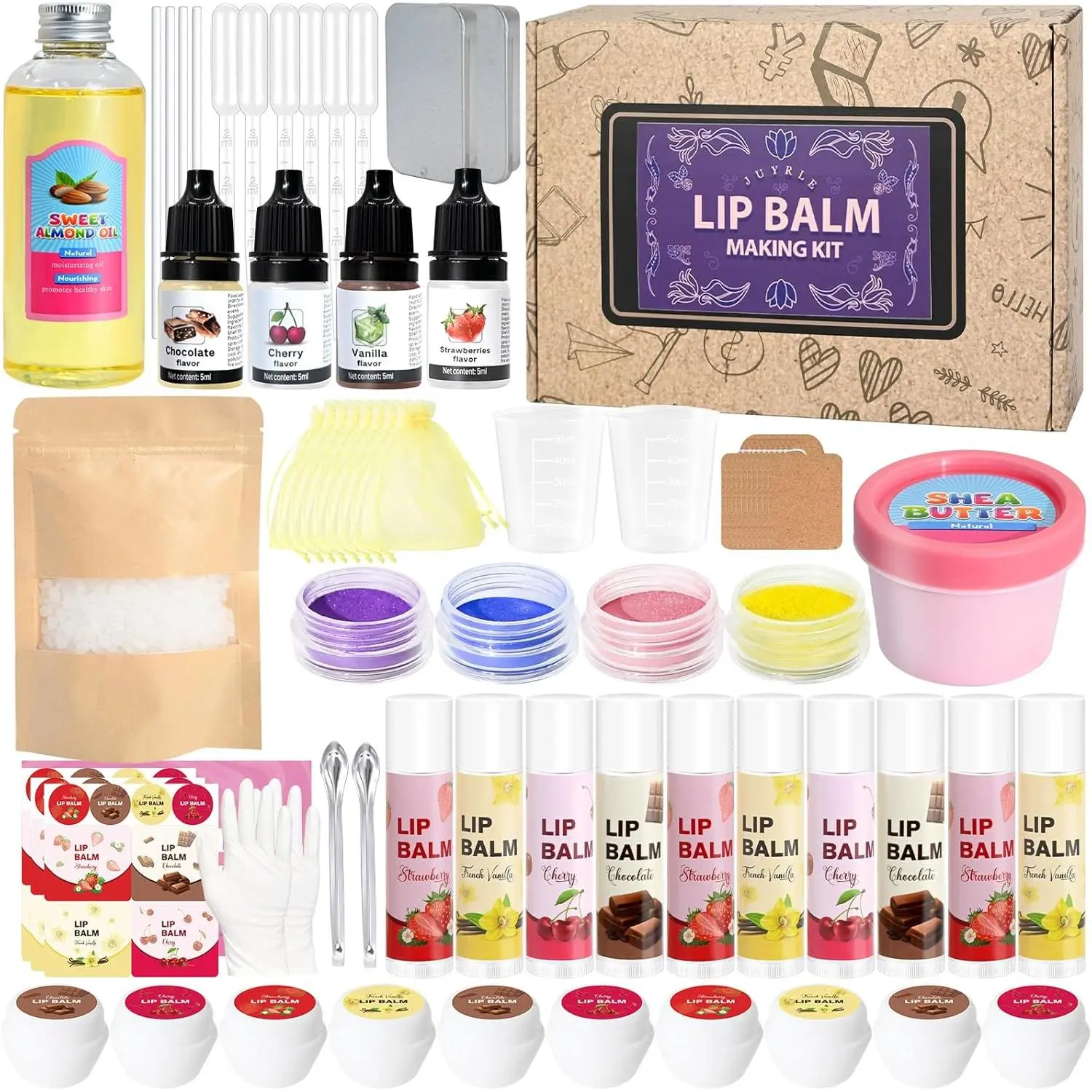 JUYRLE DIY Lip Balm Kit - Customizable Natural Wax Set with Containers, Moisturizing Base, DIY Fun Gift Idea for Kids (Colorful Mix Included)