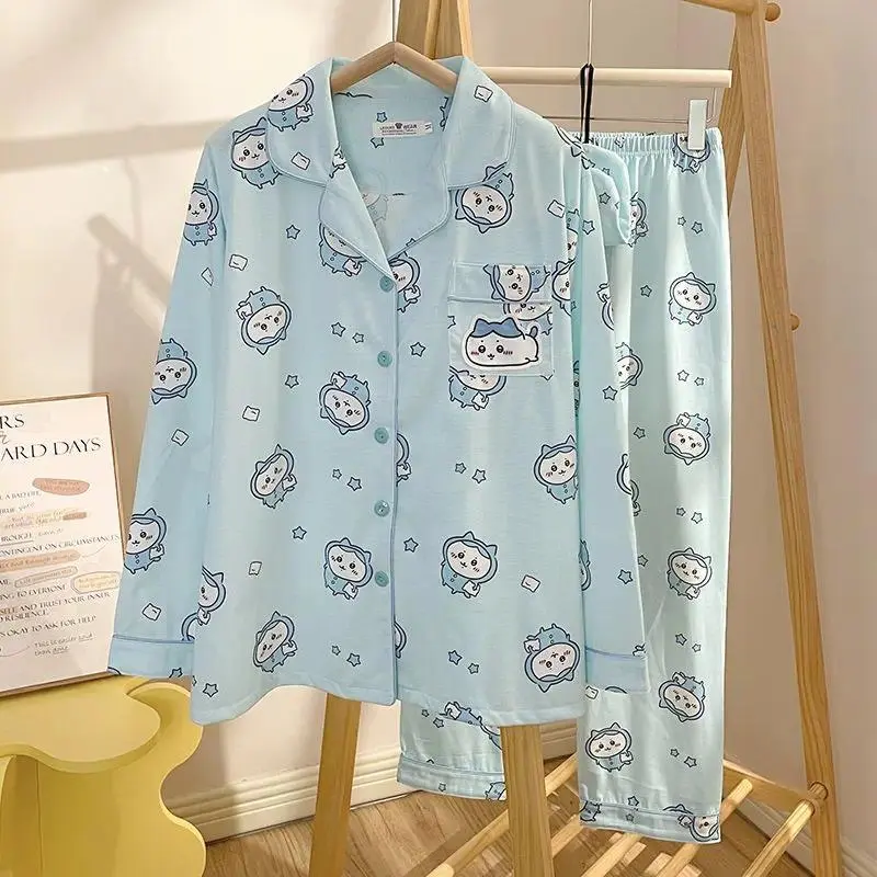 Kawaii Chiikawa Anime Pajamas Cartoon Usagi Hachiware Cute Girls Long Sleeves Long Pants Spring Autumn Student Home Clothes Set
