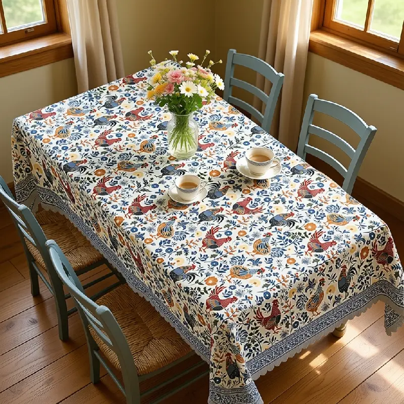 Blue and White Botanical Floral Printed Polyester Tablecloth - Farmhouse Kitchen Dining Room Decor, Parties Essential, Washable, Various Occasions Use, Clearance Sale