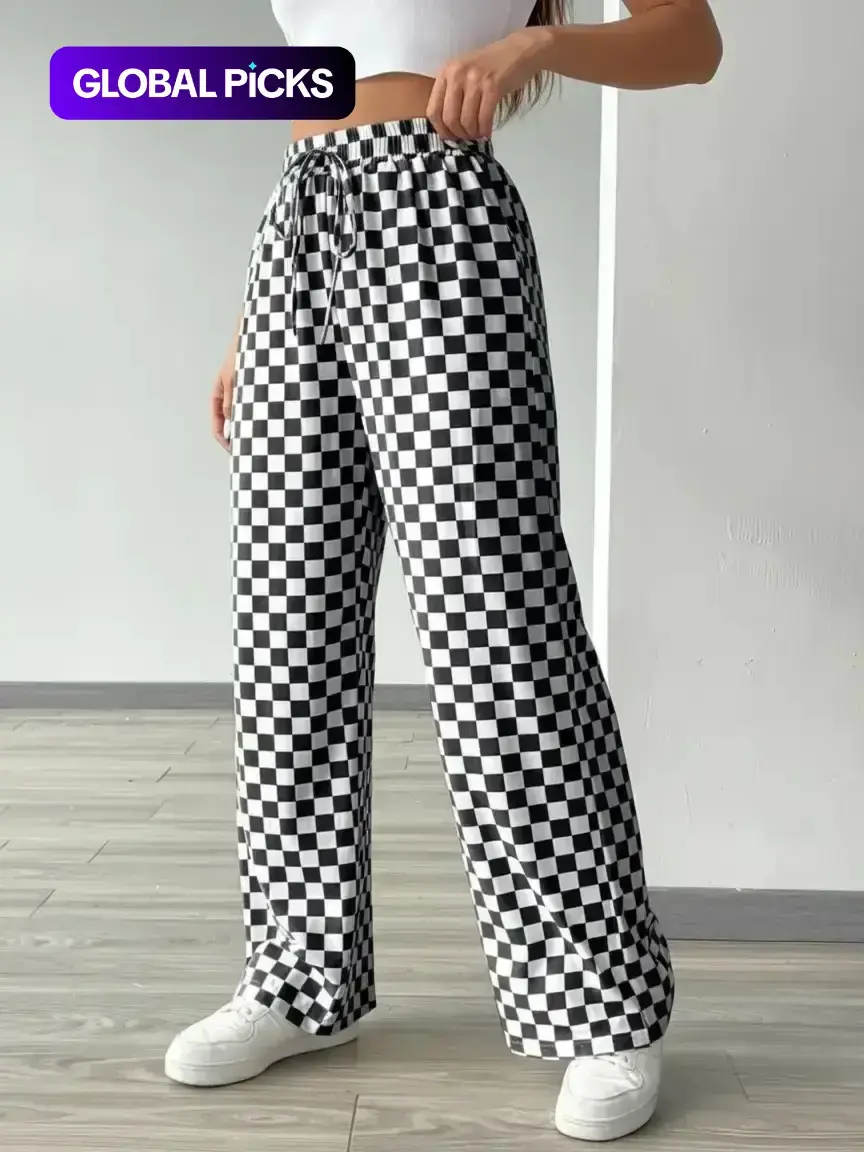 Women's All Over Geometric Checkerboard Print Drawstring Waist Baggy Loose Straight Leg Pants, Casual Comfy High Waist Trousers for Daily Wear, Ladies Everyday Bottoms for All Seasons, Womenswear