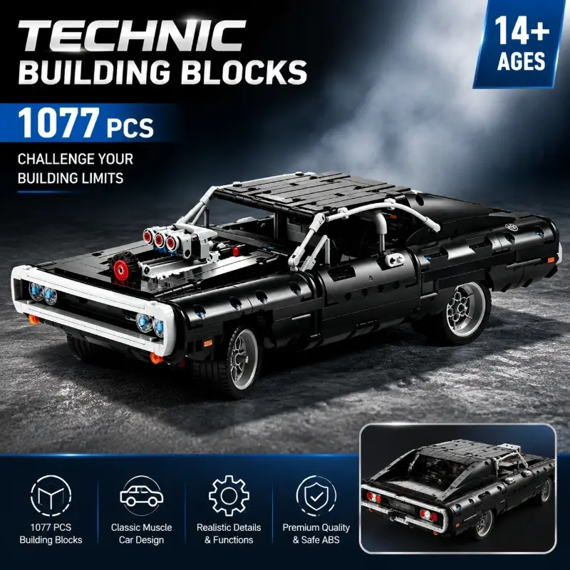 1077PCS Technical Dodge Charger 42111 Building Blocks  Fast  Movie Car Model, Tech Racing Bricks Set, DIY Building Model, Collectible Block Sets, Ideal Gift for Boys & Car Enthusiasts, Collectible Home Decor