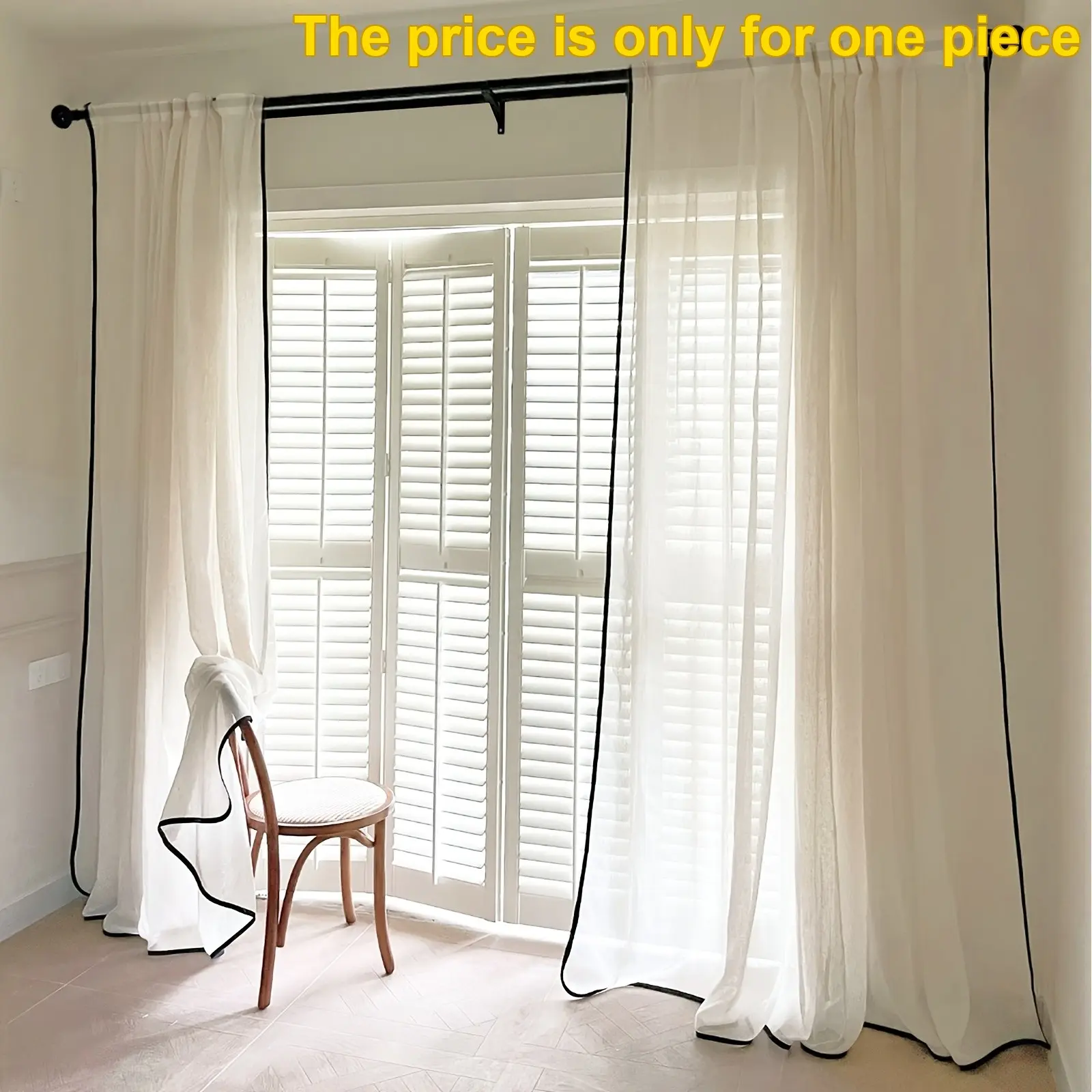 1pc French Plain Linen Sheer Curtain, Edge, Semi-Transparent, Modern Minimalist Living Room Bedroom Window Drapery, Rod-Pass Through
