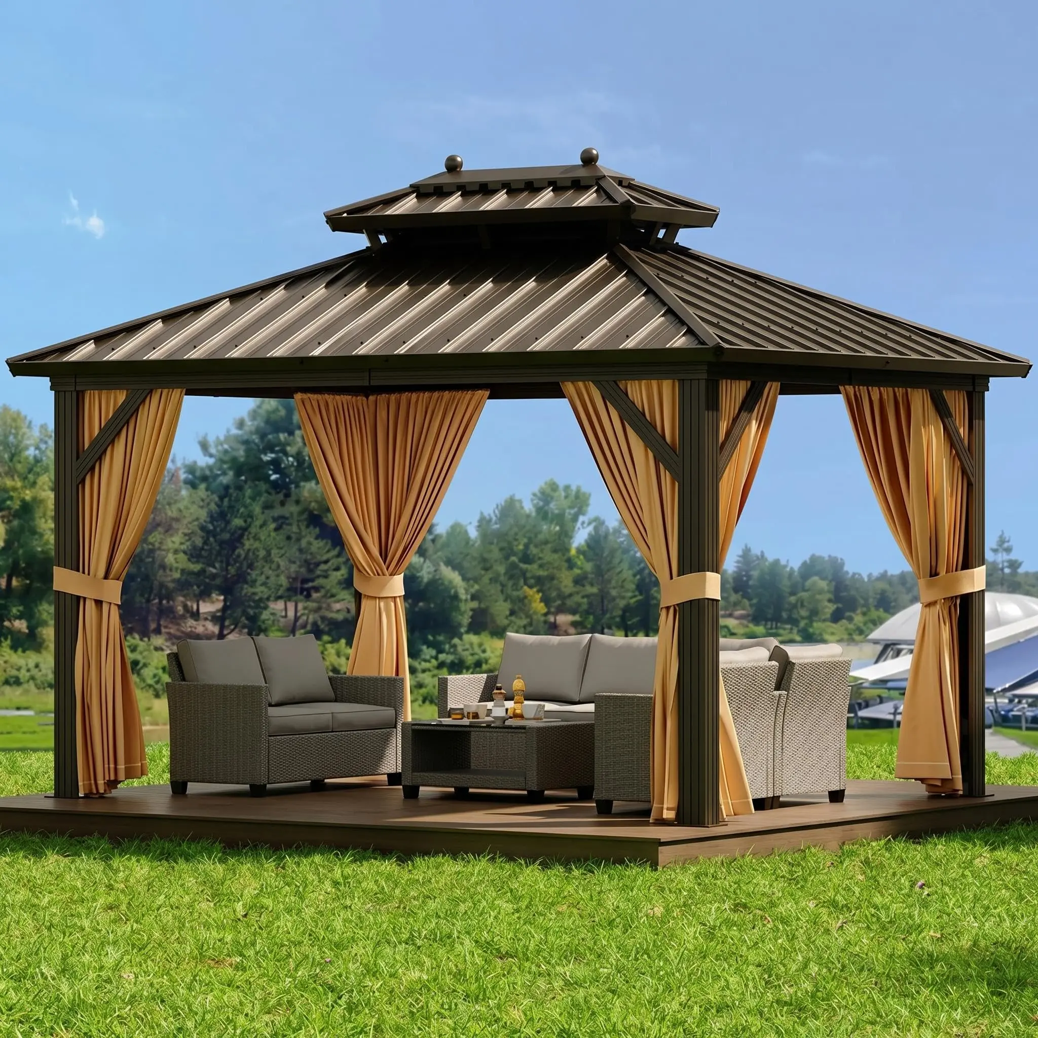 10x10ft Hardtop Aluminum Frame Gazebo with Double Roof, UV & Weather Resistant Outdoor Canopy for Patio, Privacy Curtains & Mosquito Netting, Heavy Duty Outdoor Shade Shelter for Hot Tub & Dining