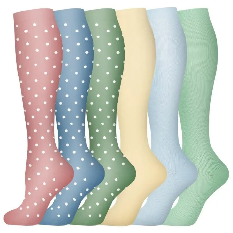 6 Pairs Pastel Tone Polka Dot & Solid Compression Socks, Skin Friendly Wear Resistant Nylon Knit with Soft & Comfortable Feel in Classic Style