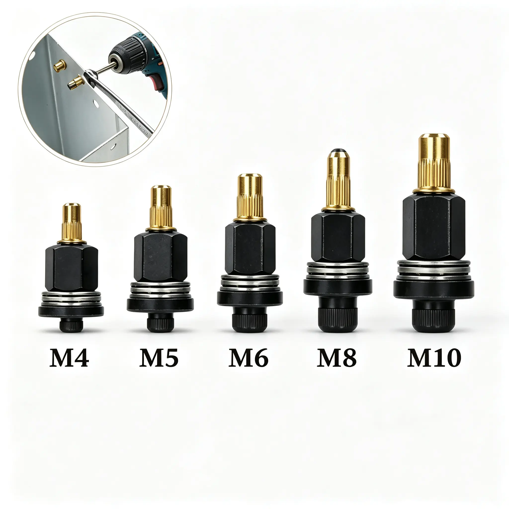 Multi-Size Manual Rivet Nut Tool Head Set - M4, M5, M6, M8, M10 Drill-Compatible Adapter for Wrench, Threaded Insert Accessory, Metalworking Tool for Automotive Repair & DIY Users