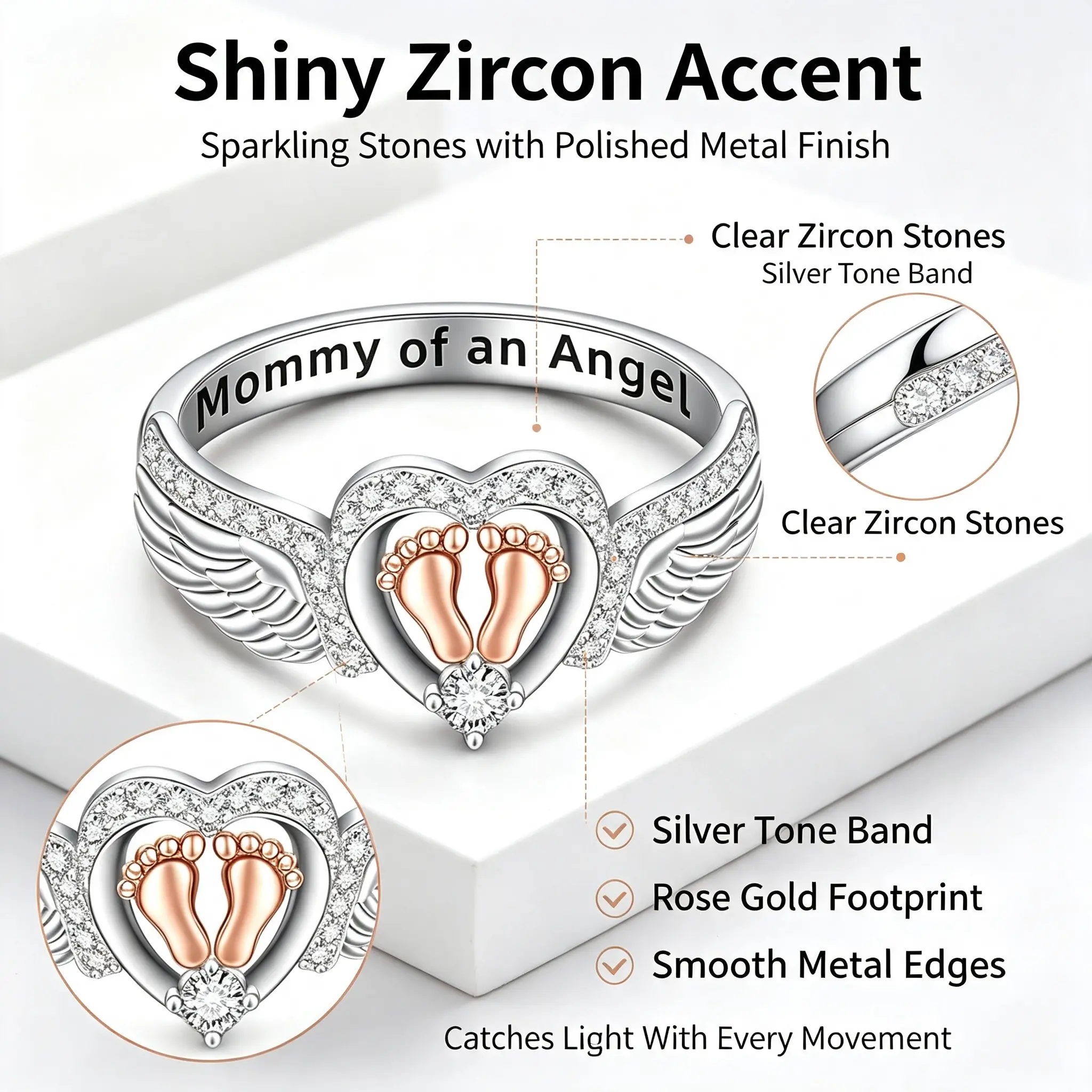 Women's Angel Wing Heart Footprint Alloy Metal Female Ring, Fashion Trendy Costume Jewelry, Versatile Daily Wear Gift