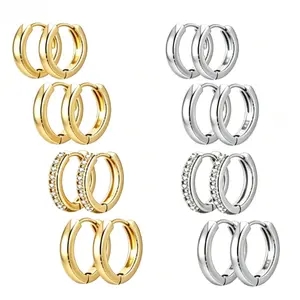 4 Pairs Gold/Silver Two-Tone Huggie Hoop Earrings, Hypoallergenic Lightweight CZ Cartilage Hoops, Minimalist Daily Piercing Jewelry for Women