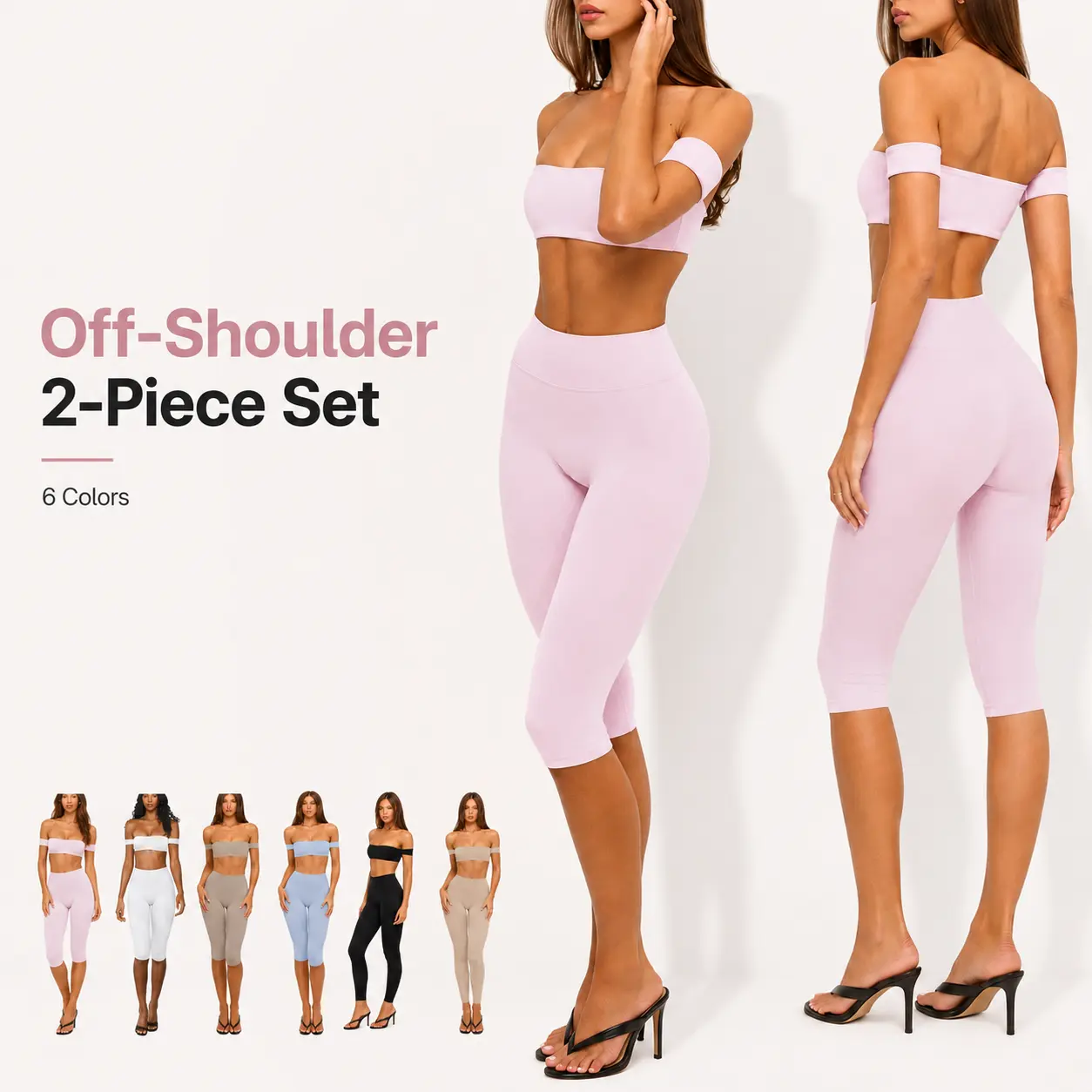 Off-the-shoulder, padded-chest workout set; high-waisted, quick-drying, hip-lifting fitness pants two-piece set; suitable for women's yoga, Pilates, and everyday outings.