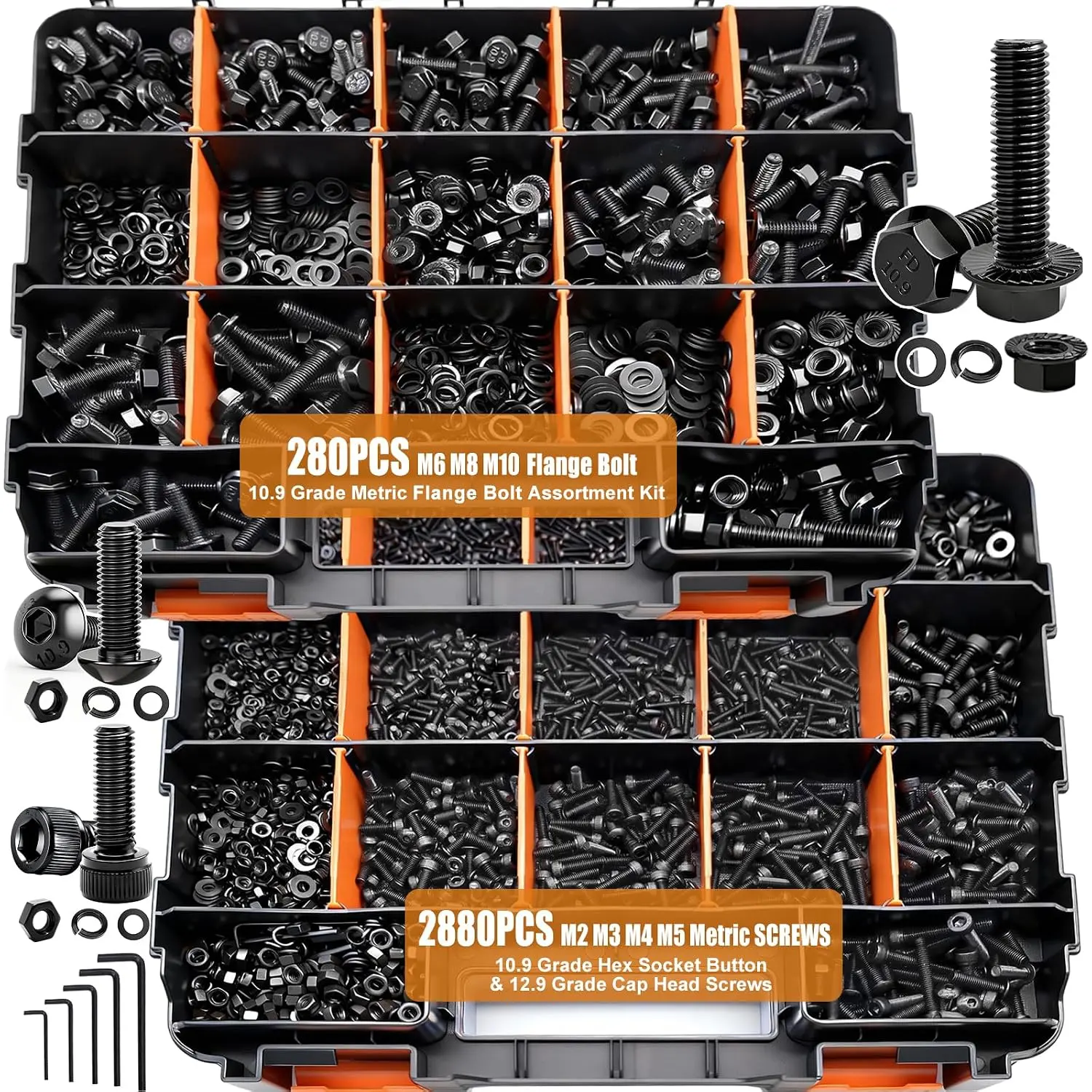 3160PCS Metric Metal Bolts and Nuts Assortment Kit - Flange Bolts, Hex Socket Button Screws, Cap Head Screws (42 M2-M10 Sizes, 4-45mm, M6x1.0, M8x1.25, M10x1.5) with Lock Washers, Flat Washers for General Fastening on Metal Surfaces
