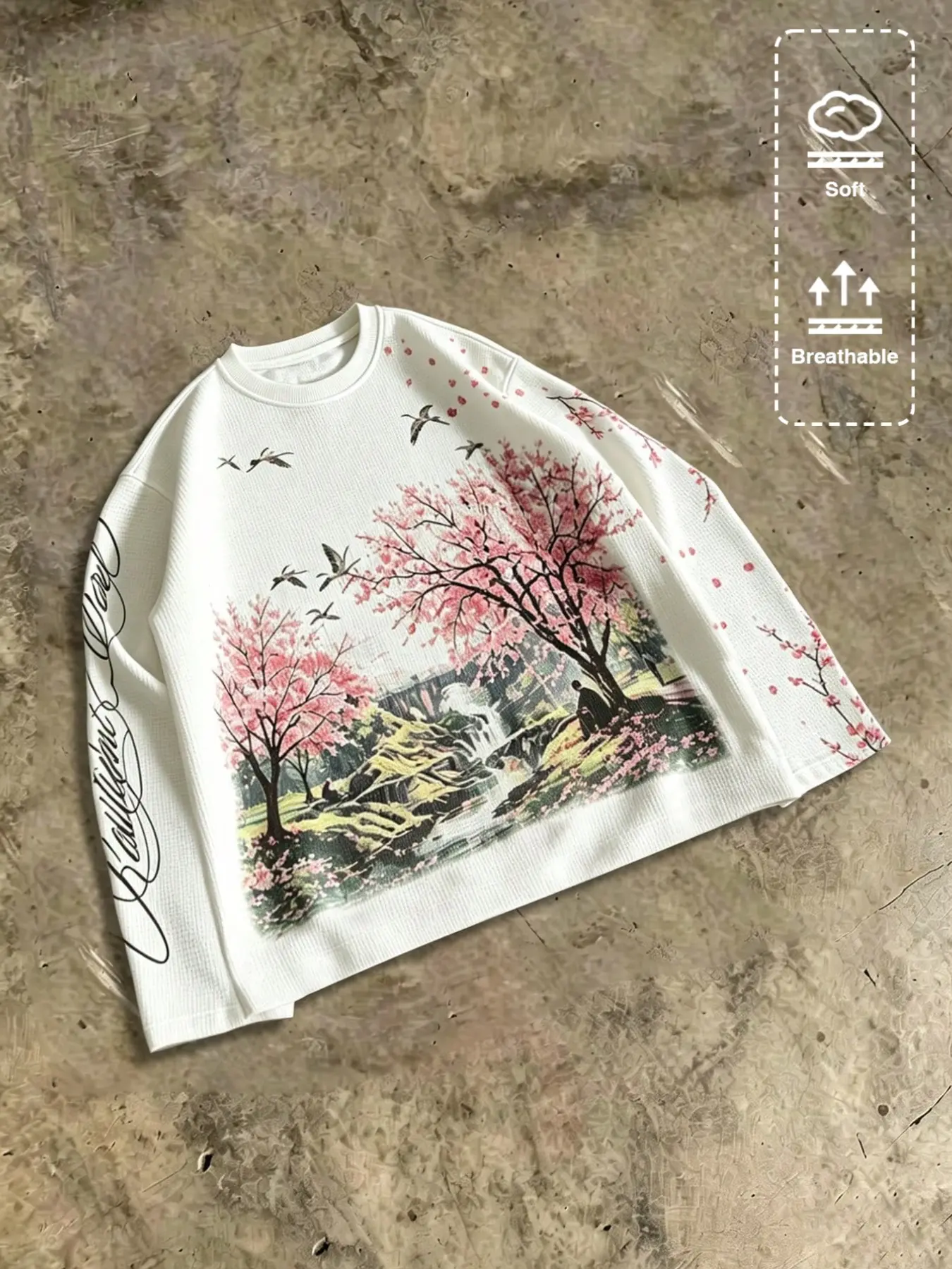 Men's Waffle Long Sleeve Top, Vintage Cherry Blossom Print T-Shirt, Loose Soft Breathable Round Neck, Y2K Street Style Casual Wear