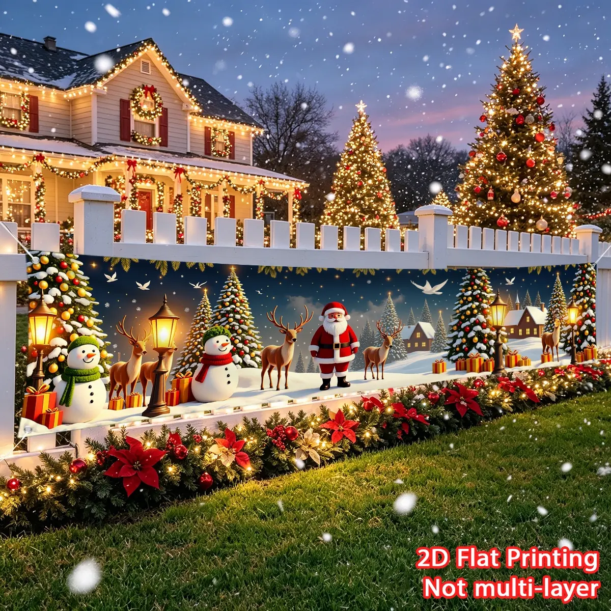 1pc Christmas Banner Forest Christmas Snow Scene Banner Fence Banner, Large Banner Polyester Material Suitable for Fence Decoration