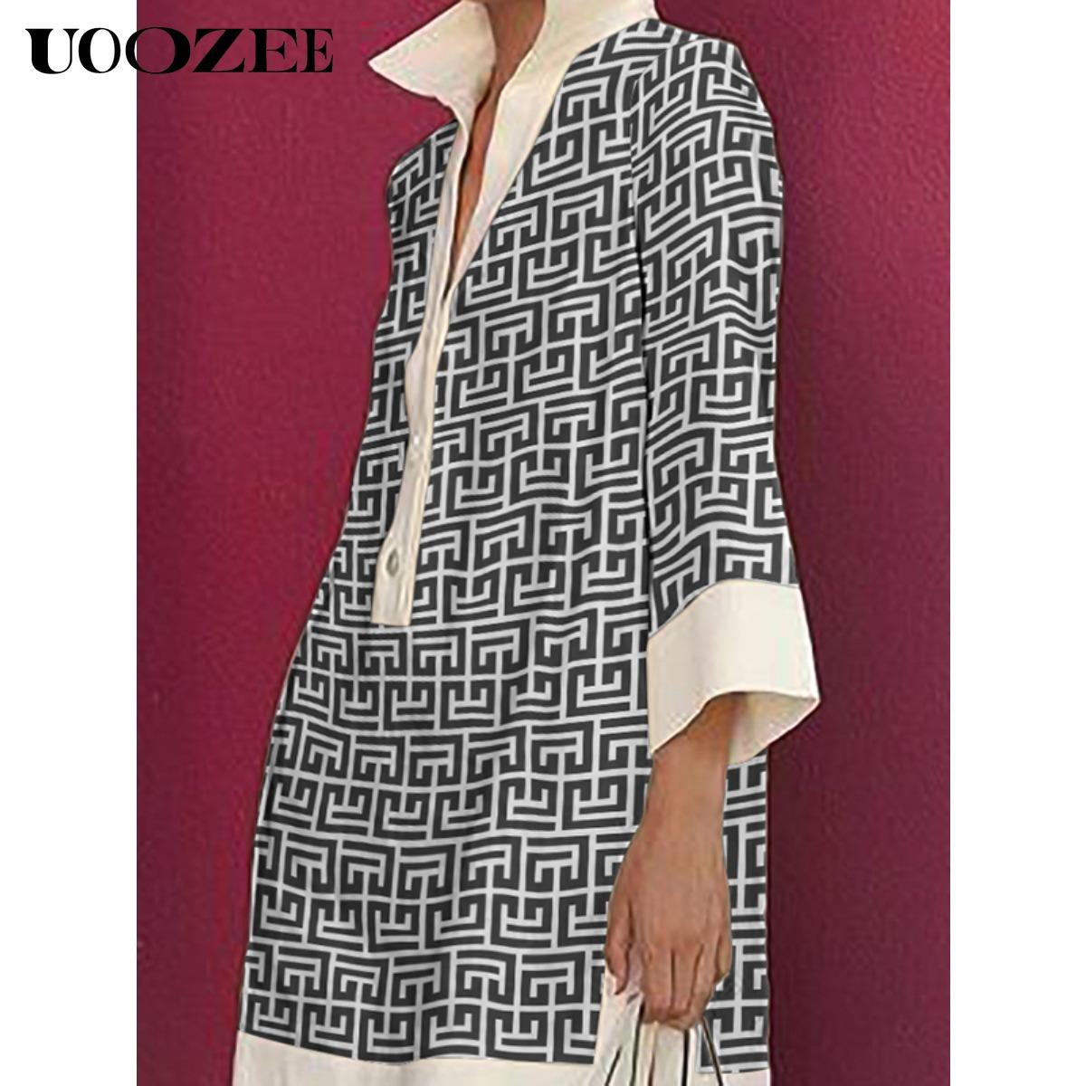 UOOZEE Women's Multicolor Geometric & Printed Lapel Three-Quarter Sleeve Buttoned Collared Mini Dress Casual Summer Shirt Style Stylish Design, No Stretch Daily Multi-Occasion Wear Shirt Mini Dress