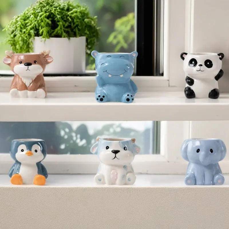 6-Piece Ceramic Cartoon Animal Flower Pots Set, Cute Succulent Planters, Indoor Planters, Creative Home Garden Decor, Desktop Ornament for Bedroom Office