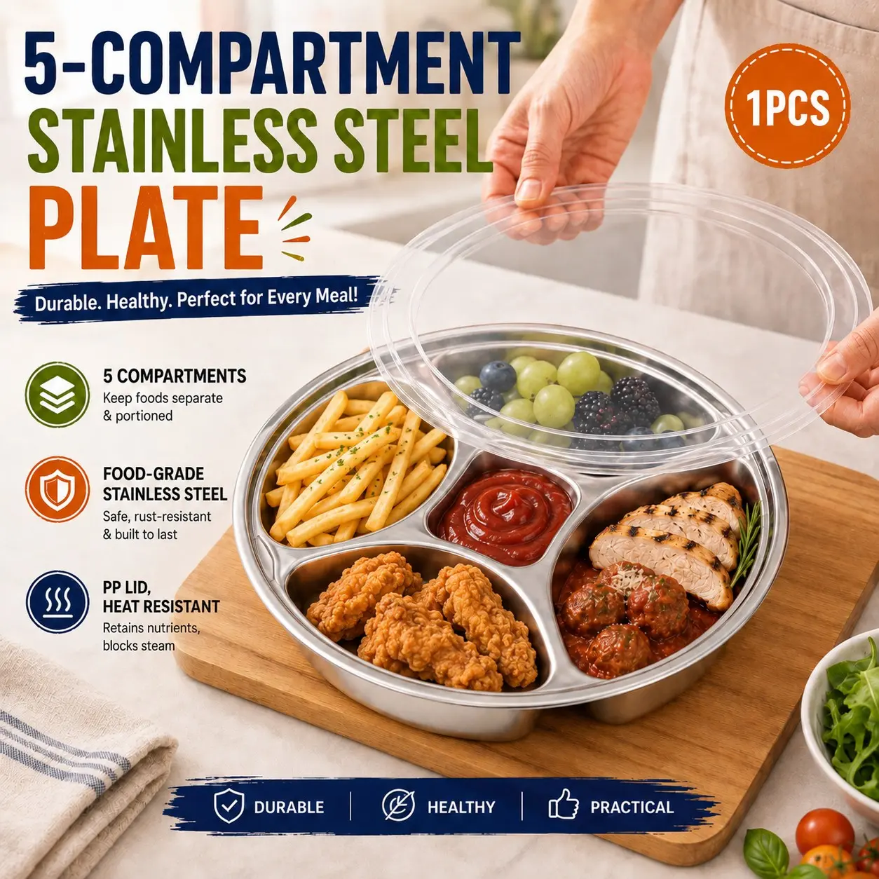 1-Piece 304 Stainless Steel 5-Compartment Food Tray with Lid, Divided Meal Prep Plate for Food Organization, Kitchen Storage, Snacks, Fruits and Family Dining