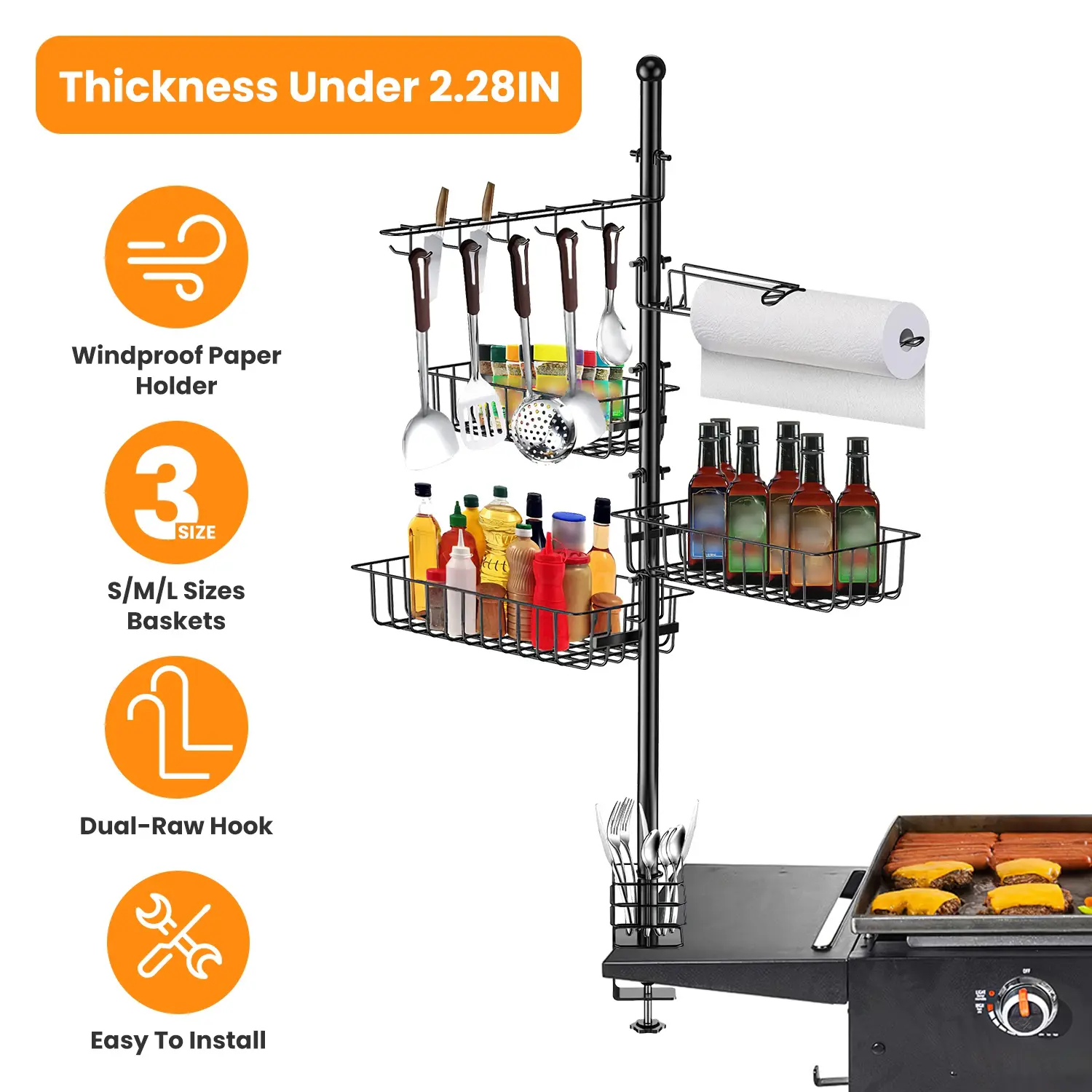 Griddle Caddy for Blackstone Griddle, Freestanding BBQ Organizer with Paper Towel Holder, Hooks & Storage Baskets, Grill Utensil Storage Rack for BBQ Accessories,Sports & Outdoors