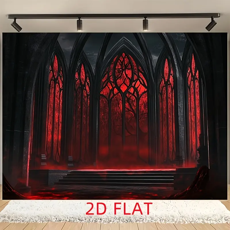Cozy Hanging Gothic Vampire Castle Polyester Tapestry, Spooky Halloween Party Banner, Dark Academia Wall Decor, Horror Photo Prop with Figures & Letters for Wedding Events, Flat Print