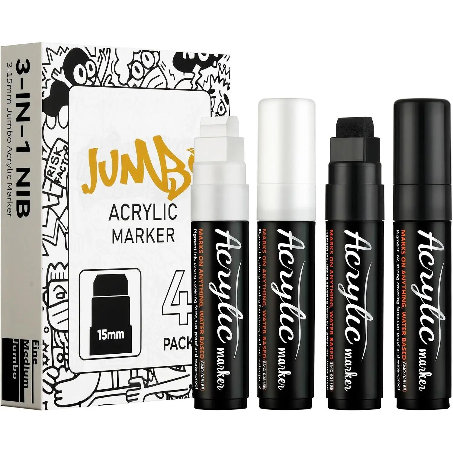 4 count  Poster Markers, 2 Black & 2 White 15 mm Thick Permanent Tip   Markers Graffiti Markers for Posters Board, Fabric, Canvas, Glass, , Rock Painting, Banner
