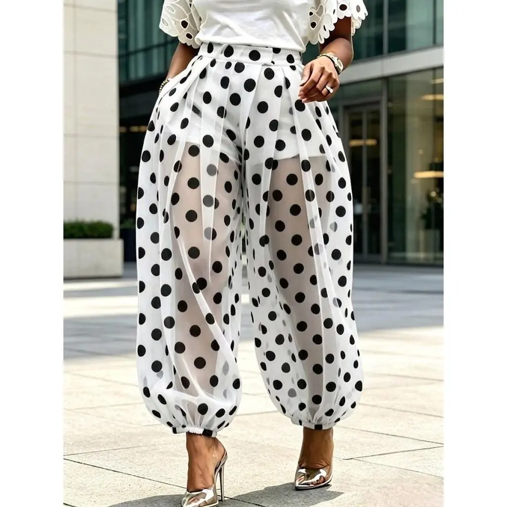 Women's High Waist Polyester Polka Dot Print Geometric Sheer Mesh Balloon Pants - Oversized Baggy Harem Bottoms with Built-in Shorts, Comfortable Chic Minimalist Preppy Retro Vacation Beach Cover Up Apparel, Fabric