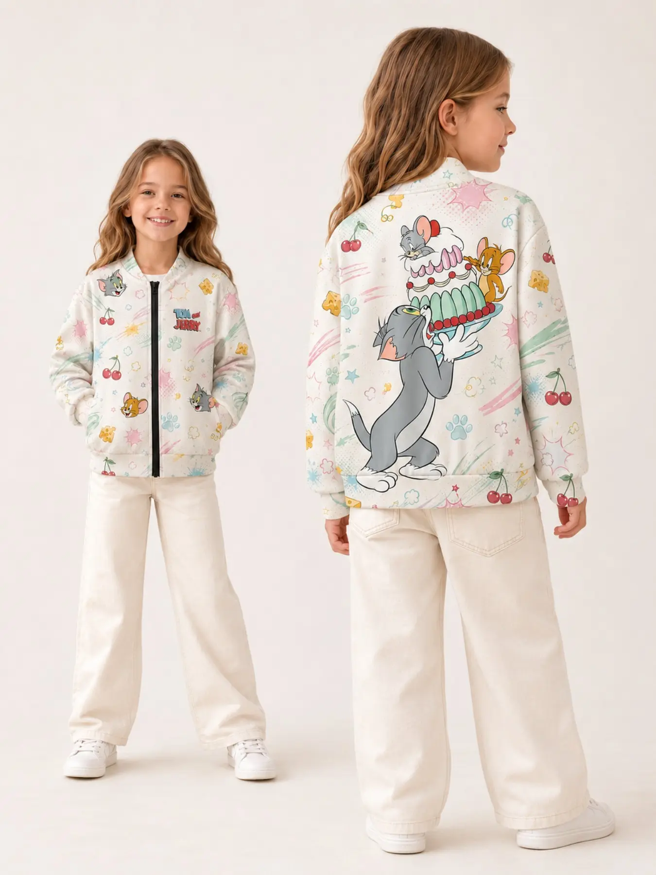 Warner Bros Tom and Jerry Kids Jacket, Zip Up Jacket, Long Sleeve Zipper Top, All over Print, Cute H-Type, Fall Fashion, Ages 6-14, Officially Licensed