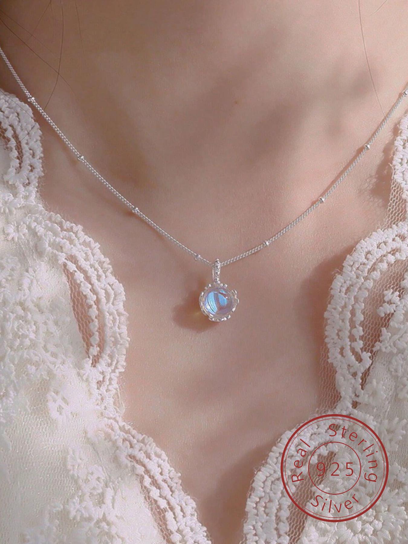 S925 Sterling Silver Moonstone Decor Exquisite Trendy Pendant for Women, Elegant All-match Jewelry for Girls Gift, Female Classic Fashion Accessories for Daily Wear