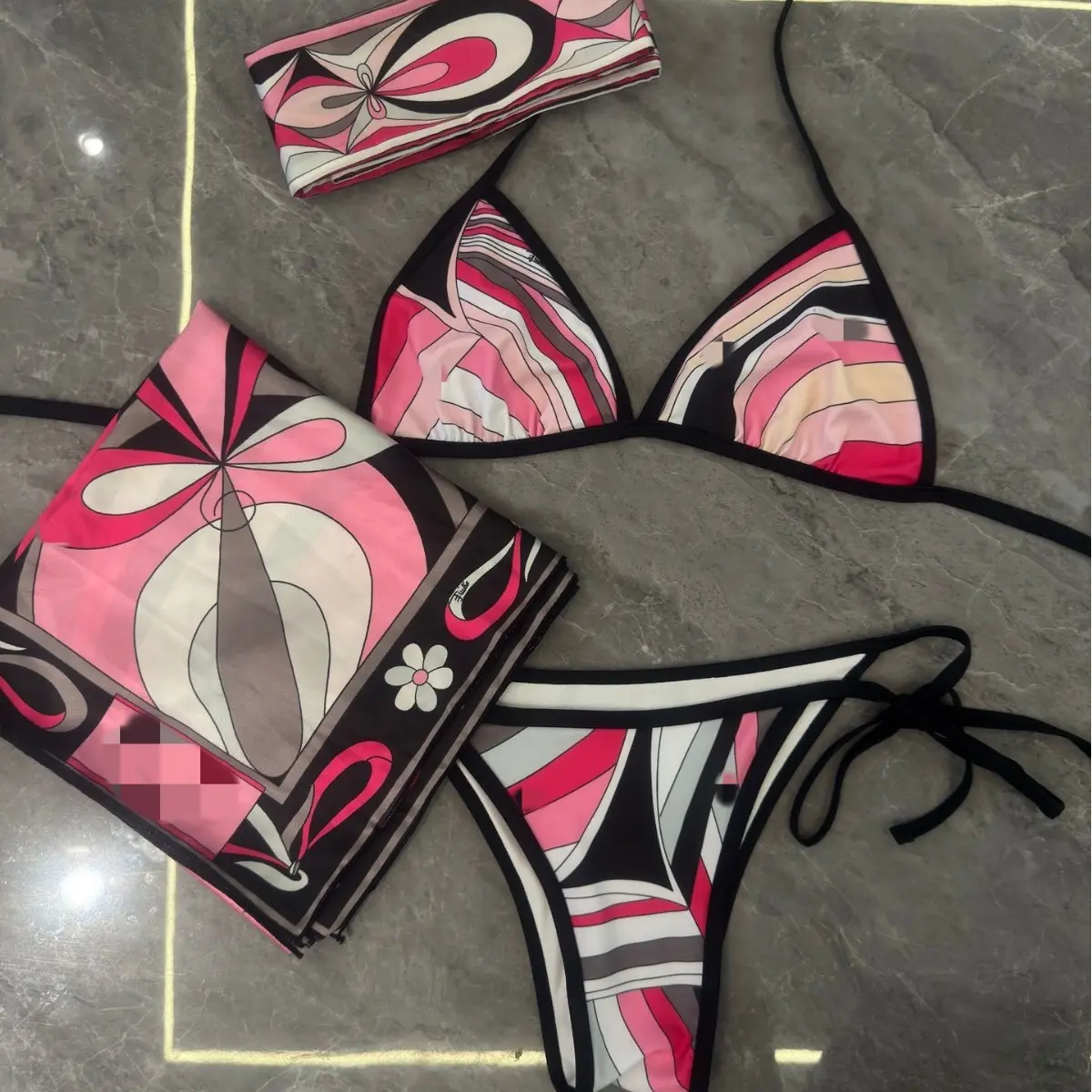 2026 New Geometric Print Two-Piece Bikini Set with Wrap Scarf for Vacation Beach Swimwear