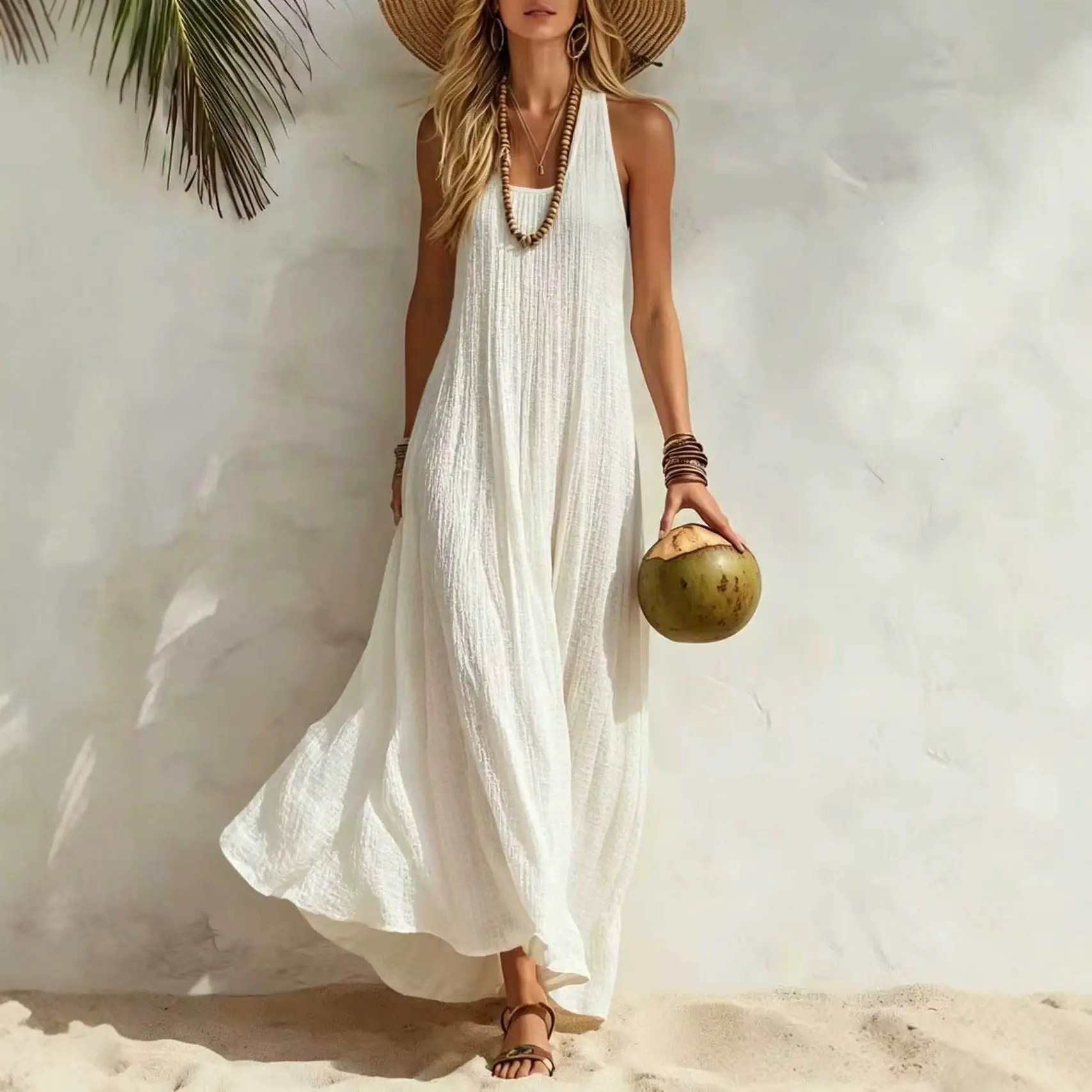Women's White Maxi Dress, Sleeveless Scoop Neck, Flowy A-Line Long Sundress, Casual Loose Fit Boho Beach Vacation Resort Wear for Summer Travel, Cruise, Holiday, Bridal Shower and Daily Wear