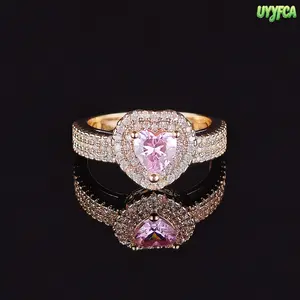 gorgeous Luxury Plated Double Halo Pink Heart Cubic Zirconia Ring For Women,Full Pave CZ Band With Three Prong Setting,Hypoallergenic Tarnish Resistant Dainty Promise Ring For Engagement Wedding Anniversary Valentine's Day Birthday Gift For Her summerwins