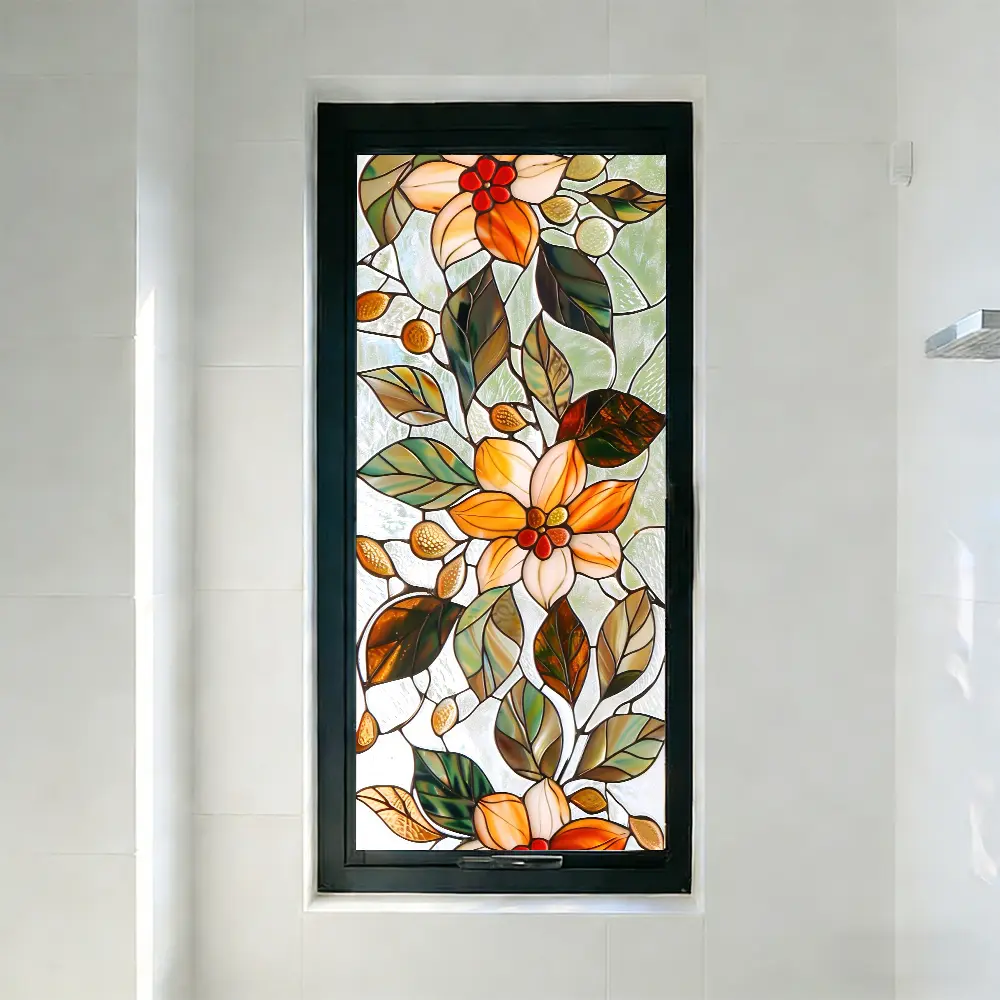 2D Flat, Stained Glass Window Film， Static Cling No Glue Reusable Flower Pattern Decorative Film for Restaurant Living Room Renovation Privacy Protection Translucent Window Sticker Easy to use