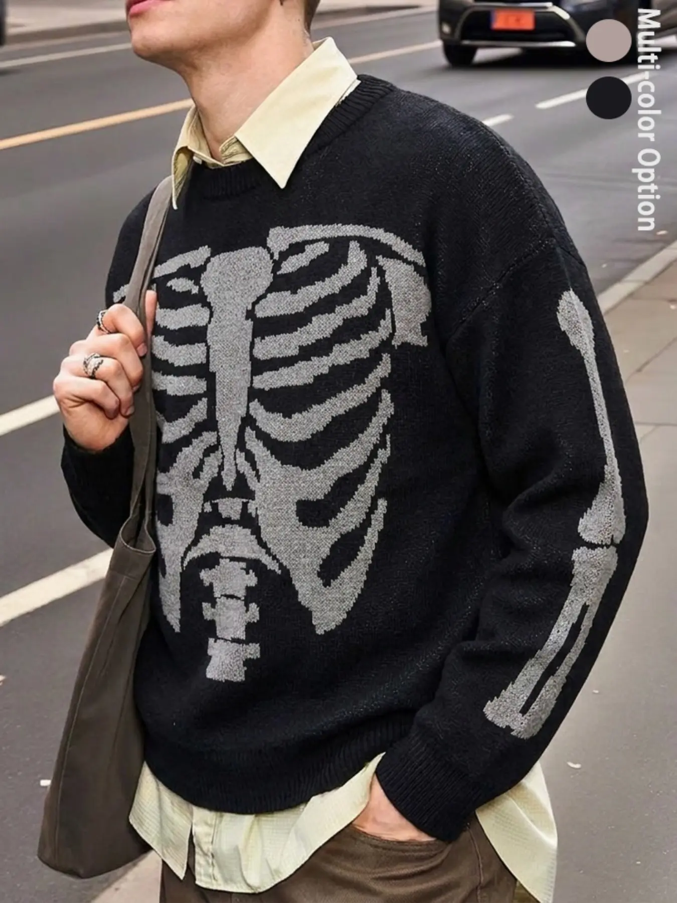 Men's Skeleton Ribcage Graphic Knit Sweater Gothic Halloween Crew Neck Pullover Vintage Streetwear Oversized Relaxed Fit Premium Soft Fabric Fall Winter Casual Party Holiday Outfit Y2K Grunge Alt Style Long Sleeve Knitwear for Men Black Apricot