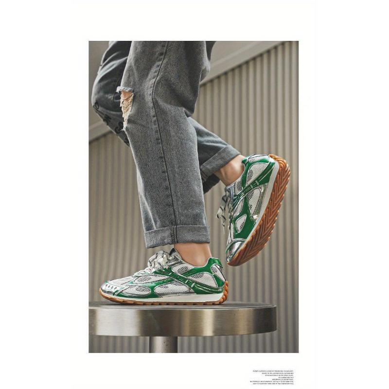 Metallic Mesh Paneled Retro Sneakers, Chunky Gum Sole, Multi Colorway Casual Streetwear Shoes for American Fashion Lovers