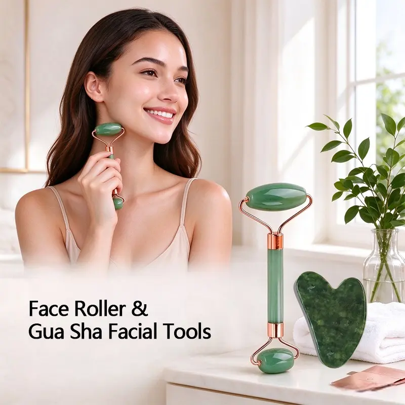 Gua Sha & Jade Roller Set for Facial Sculpting and Relaxation, Face Massager for Self Care, Jade Roller for face, Jawline Sculpting and Puffiness Reducing