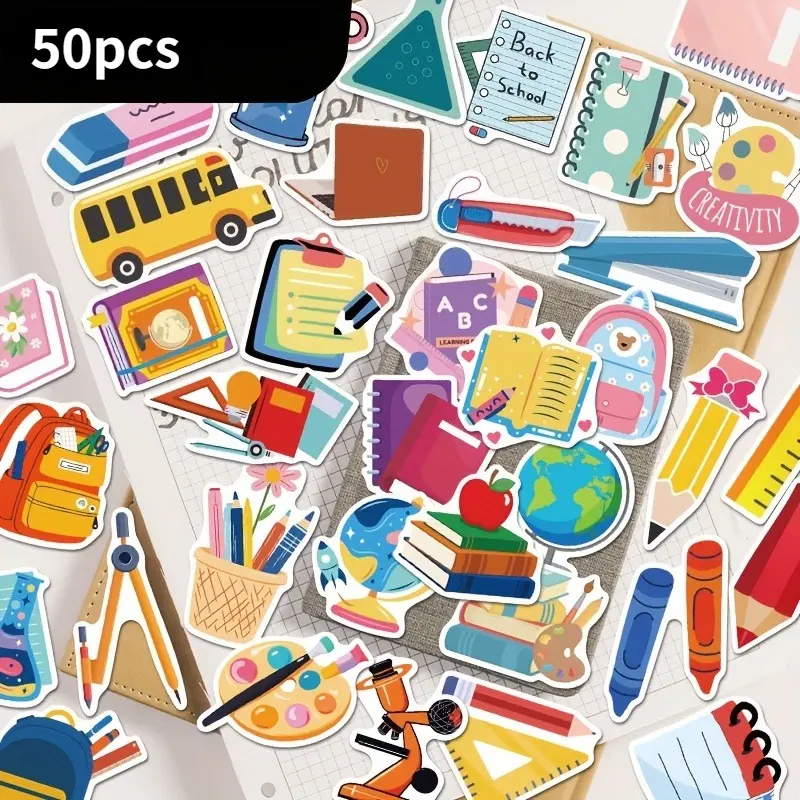 50pcs Back-To-School Series Stickers Creative Sealing Stickers Laptop Desktop Office Chair Decoration Self-Adhesive Paintings Suitable for Halloween Thanksgiving Gift Cute Stickers