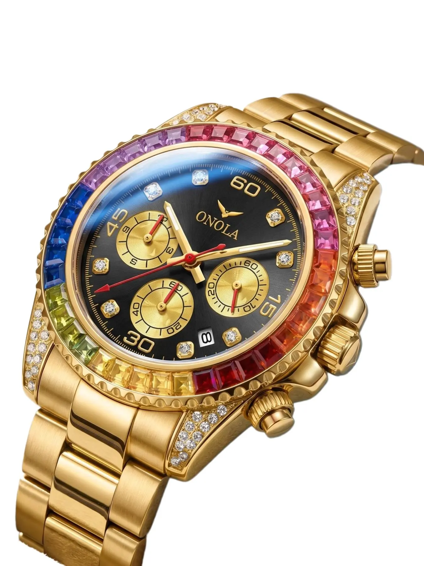ONOLA Brand's New Luxury Rainbow Inlaid Diamond Men's Watch Quartz Men's Fashion Trend Watch Calendar Display Fashion Casual Watch for Male Students with Gift Box Analog Quartz Watch Fashionable Stylish Watch Fashionable Wristwatch Quartz Movement