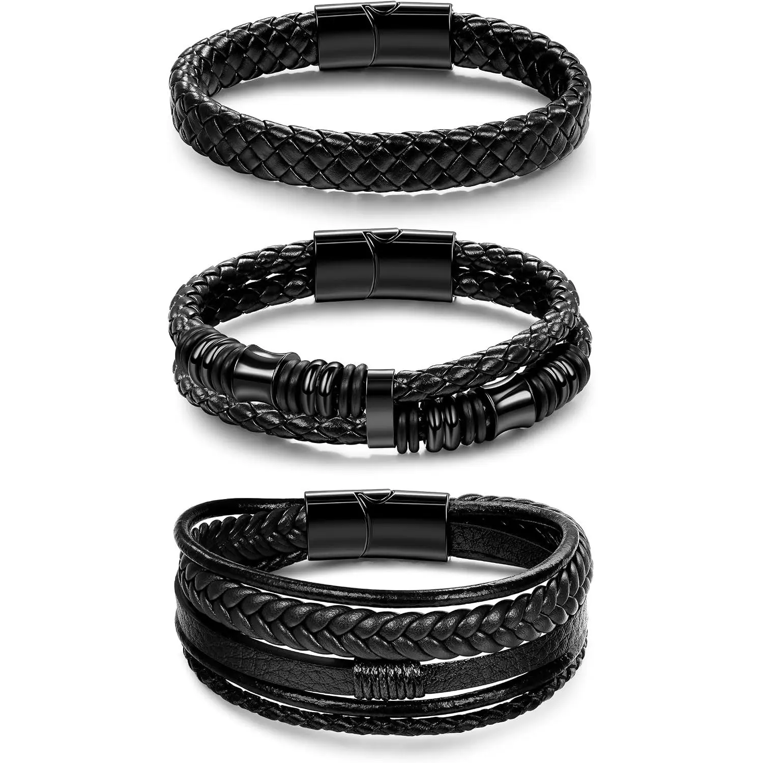 3Pcs Black Leather Bracelets for Men Women Braided Leather Wristband Cuff Bracelets Multi-Layer Braided Leather Bracelets Set 7.5-9 Inches